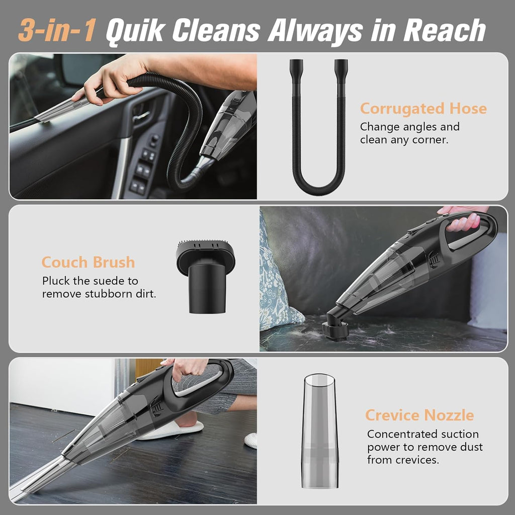 Handheld Vacuum Cordless Rechargeable with LED Light, Car Vacuum Portable Cordless, Hand Vacuum Cleaner Car Seats, Home, Quick Cleanup, Strong Suction, Lightweight, Includes Crevice Nozzle & Brush
