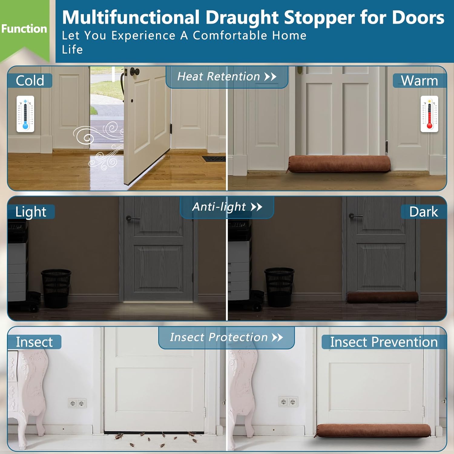 Triangle Under Door Draft Stopper 40 inch Weighted Draft Blocker Bottom Seal Noise Air Guard for Doors and Windows, Brown