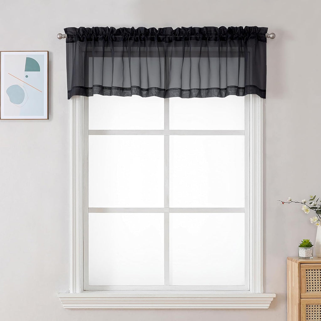 Chyhomenyc Black Sheer Valances for Windows 2 Pack, 42W x 14L Inches Small Window Curtains for Living Room Bathroom Cafe Laundry Basement, Elegant Top Dual Rod Pocket Voile Curtain