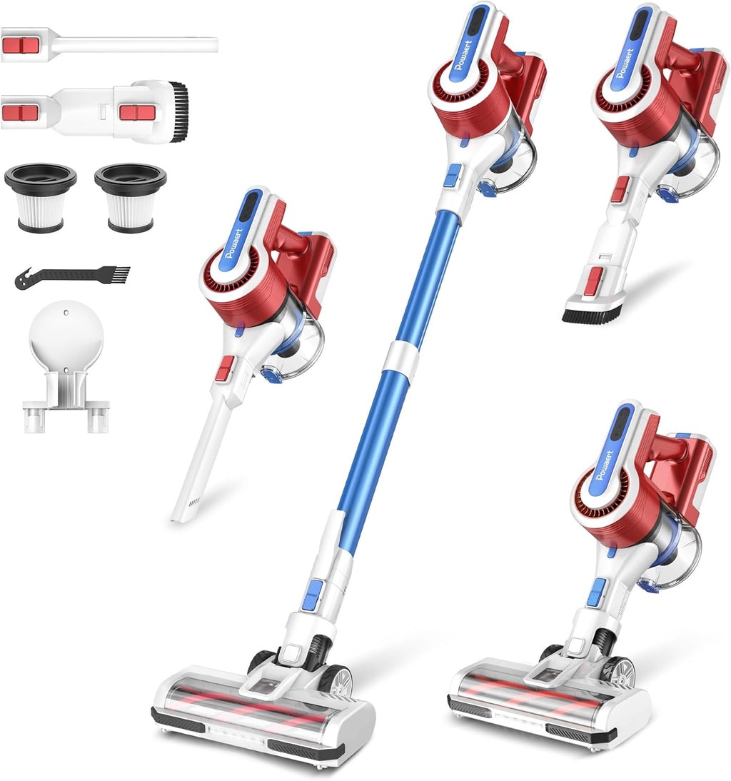 Cordless Vacuum Cleaner for Home, 45Kpa Lightweight Stick Vacuum with Powerful Suction, Rechargeable Battery Up to 50mins, Handheld Vacuum Cleaners for Hardwood Floors, Carpets, Pet Hair - Red