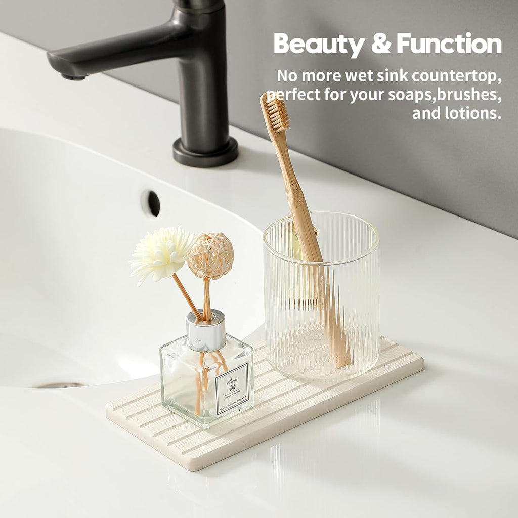 2 Pack Greige Bathroom Sink Vanity Trays, Diatomite Stone Kitchen Counter Caddy Dish Soap Dispenser Sponge Holder, Water Absorbing Mat Organizer for Plant,Cosmetic Bottle, Beige, 8"x3.8"