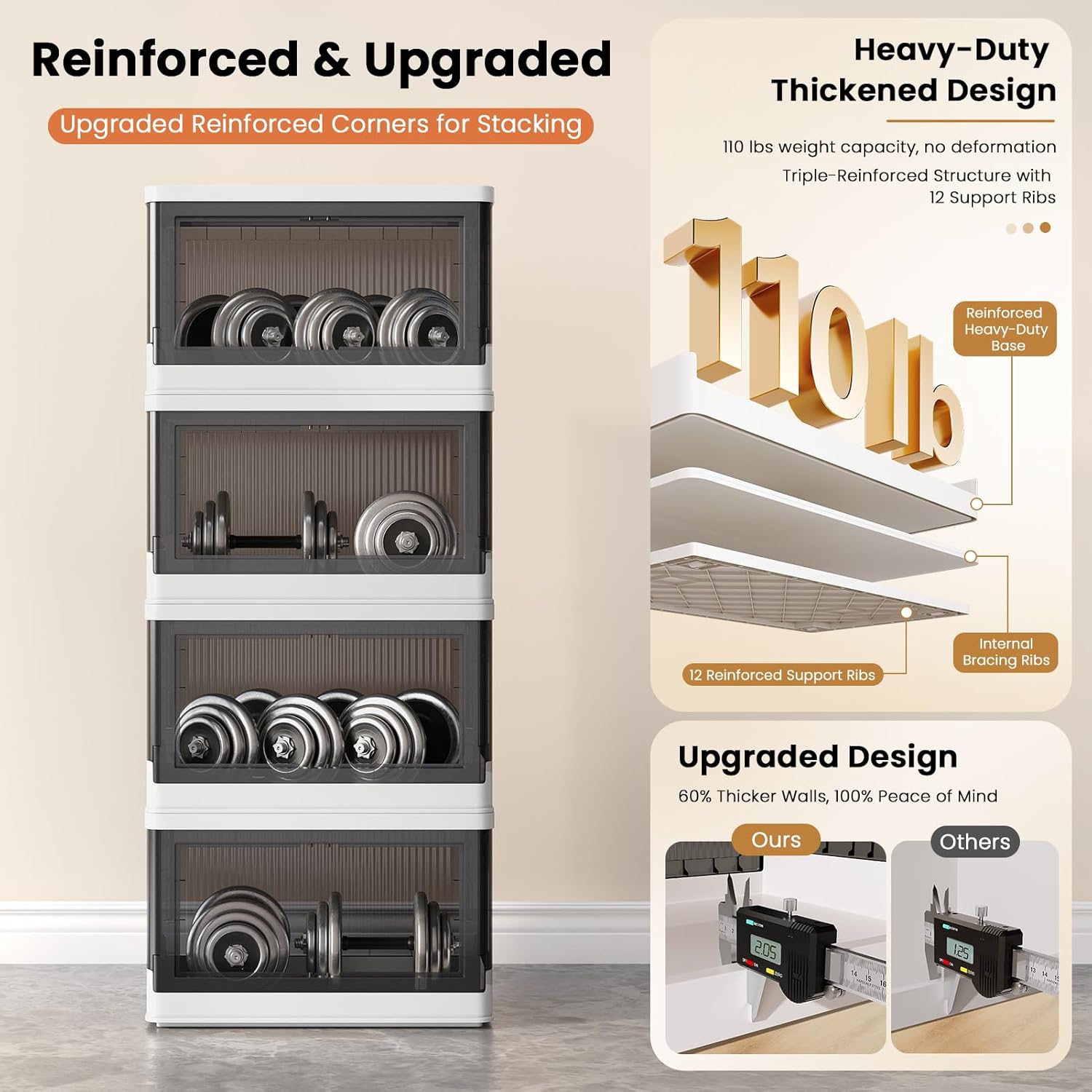 8.4Gal Collapsible Storage Bins with Lids & Wheels - 4 Pack Stackable with Doors, Heavy-Duty Plastic Containers for Home/Office, White