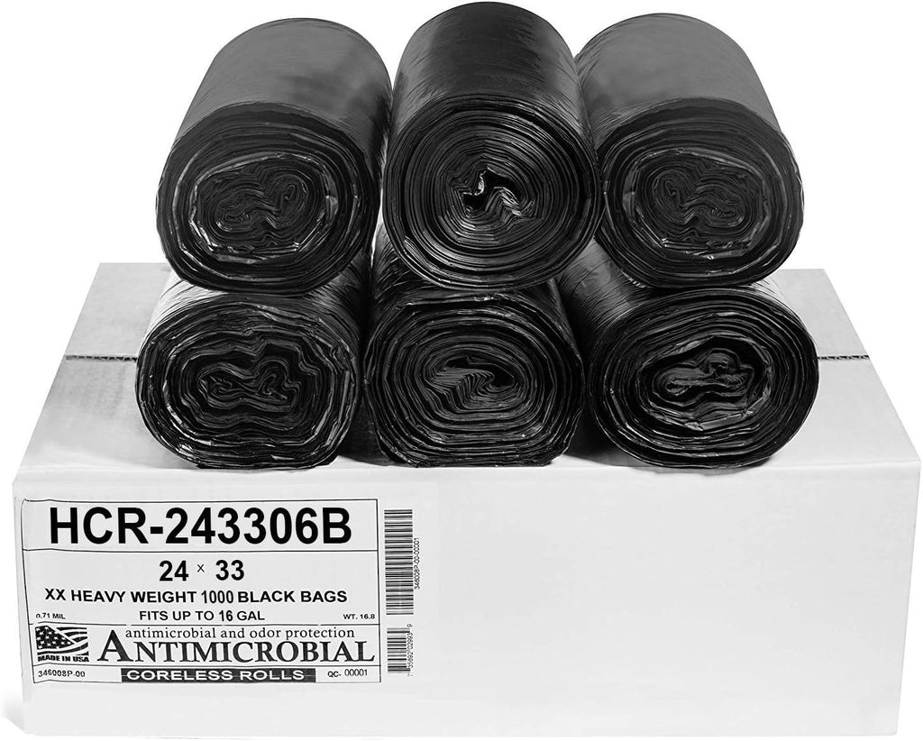 Aluf Plastics High Density Trash Bags, 16 Gallon, 1000 Count, 6 Micron (eq), 24" x 33", Black, for Bathroom, Office, Industrial, Commercial, Janitorial, Municipal, Recycling