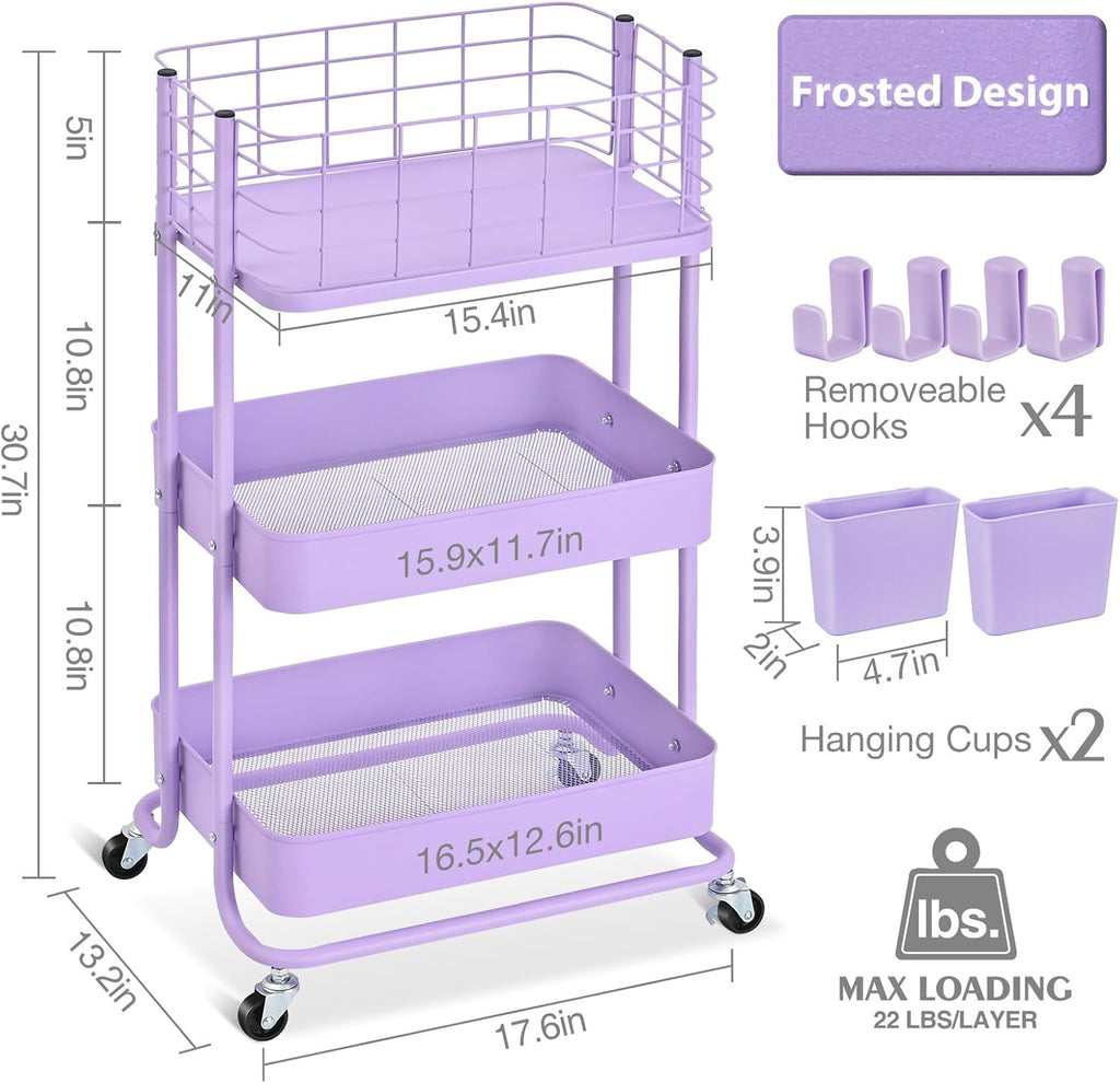 KINGRACK 3 Tier Rolling Cart, Metal Mobile Storage Shelf with Lockable Wheels, Prevent Falling Utility Trolley Cart, Storage Organizer for Kitchen, Office, Bathroom, Dorm, Purple