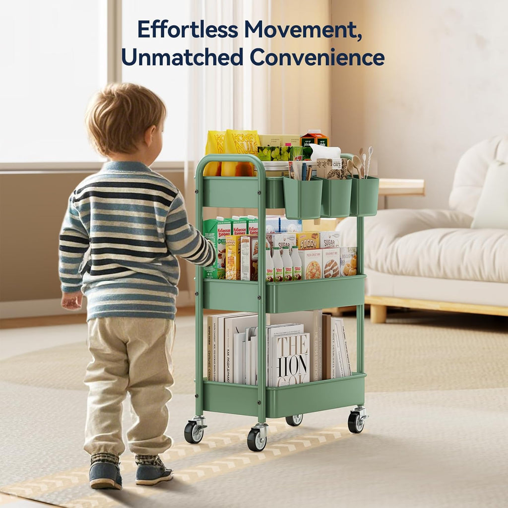YASONIC 3-Tier Rolling Cart, Green, 66 Pounds Capacity, Mesh Storage Organizer with Lockable Wheels, 3 Hanging Cups, 4 Hooks, Easy Assembly, for Kitchen, Bathroom, Laundry, Grocery