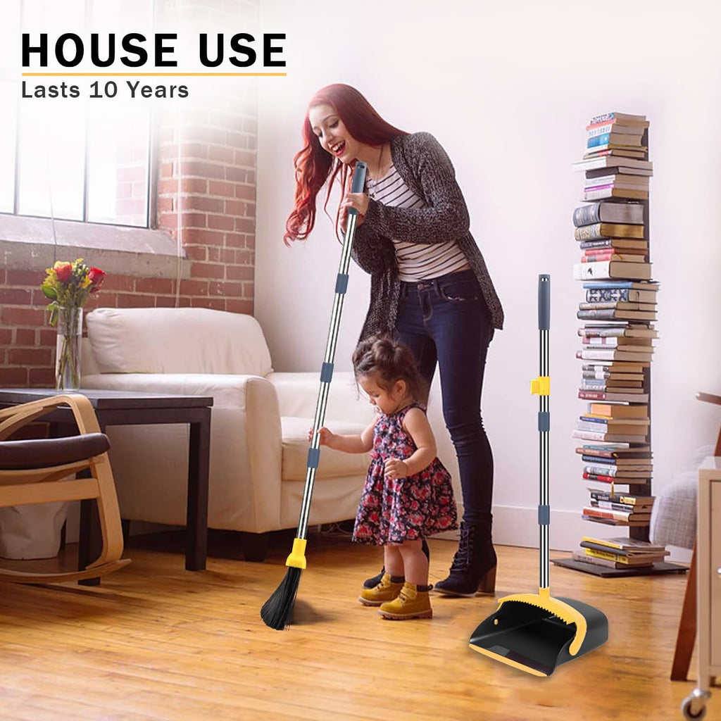 2-Pack is More economical，Upgraded Broom and Dustpan， with 52" Long Handle, Dustpan Teeth with self-Cleaning Function, Indoor and Outdoor Sweeping, Perfect for Home Office