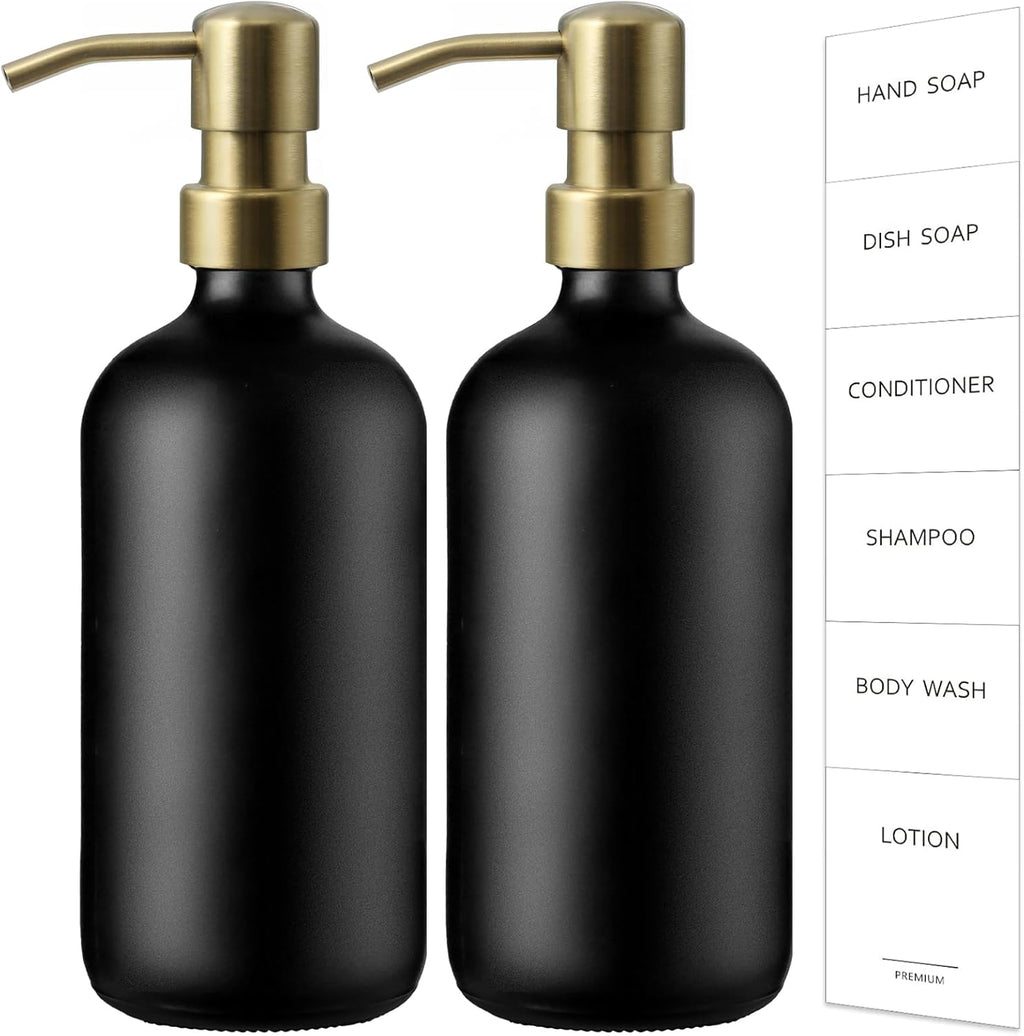 GMISUN Gold Soap Dispenser, 2 Pack Matte Black Glass Bathroom Hand Soap Dispenser with Rustproof Golden Pump, 17 Fl Oz Kitchen Hand and Dish Soap Dispensers Set, Modern Liquid Soap Lotion Bottle