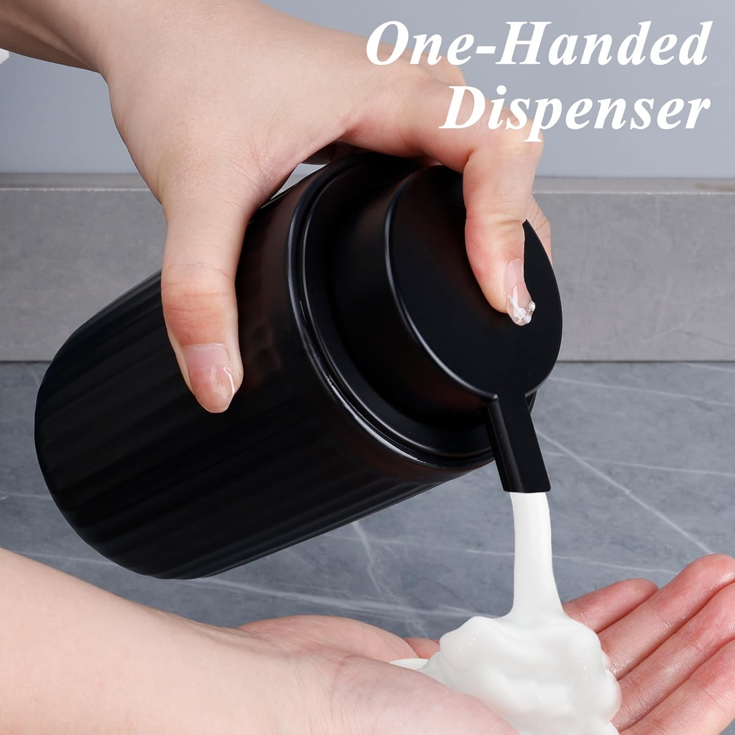 BosilunLife Foam Hand Soap Dispenser - Ceramic Black Foaming Soap Dispenser for Bathroom 12oz Refillable Liquid Lotion Soap Dispenser with Rust-Proof foaming Pump for Countertop