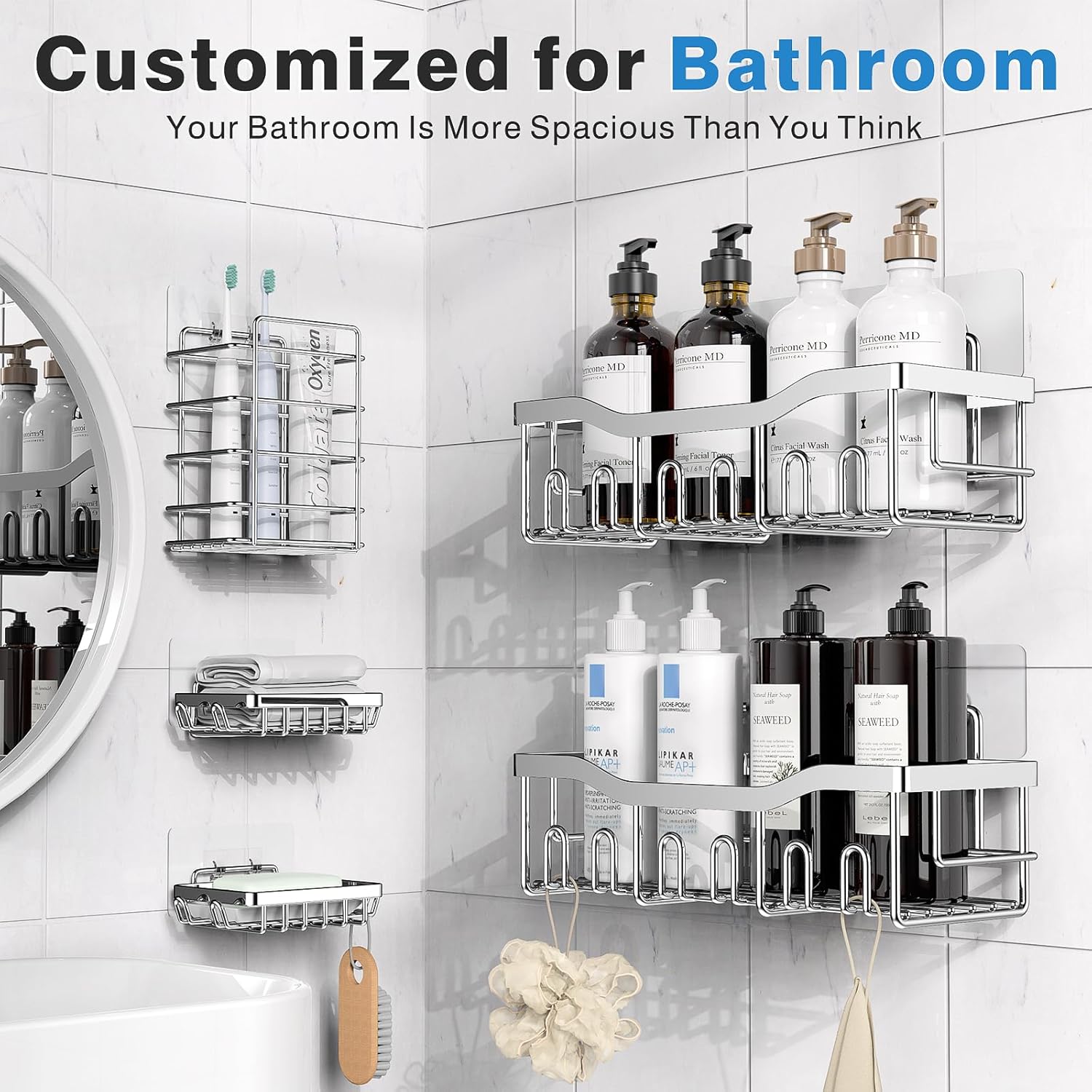 EUDELE 5-Pack Rustproof Stainless Steel Shower Caddy – No Drill Adhesive Bathroom Organizer with Large Capacity, Spacious Shower Shelves for Inside Shower, Kitchen & Home Decor Storage-XL Size