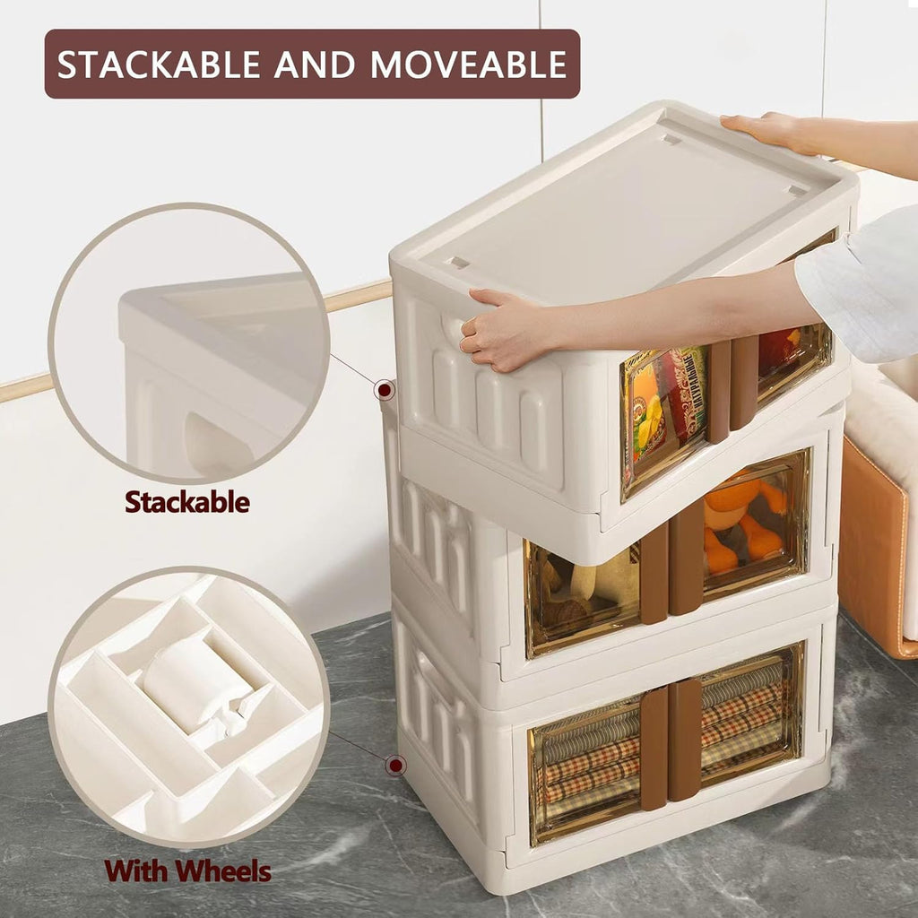 19Gal Collapsible Storage Bins with Lids & Wheels - 4 Pack Stackable with Doors, Heavy-Duty Plastic Cabinet for Home/Office, Milk White