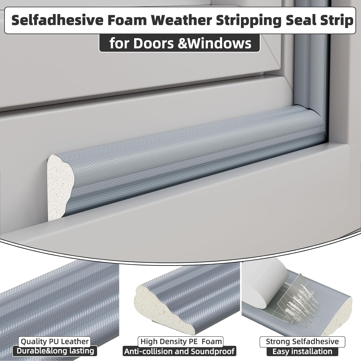16.4 Ft Weather Stripping Seal Strip for Doors/Windows,Soundproofing Window Insulation Draft Stopper for Winter, Selfadhesive Foam Weather Strip for Door Frame,Door Gap Filler Noise Blocker(Gray)