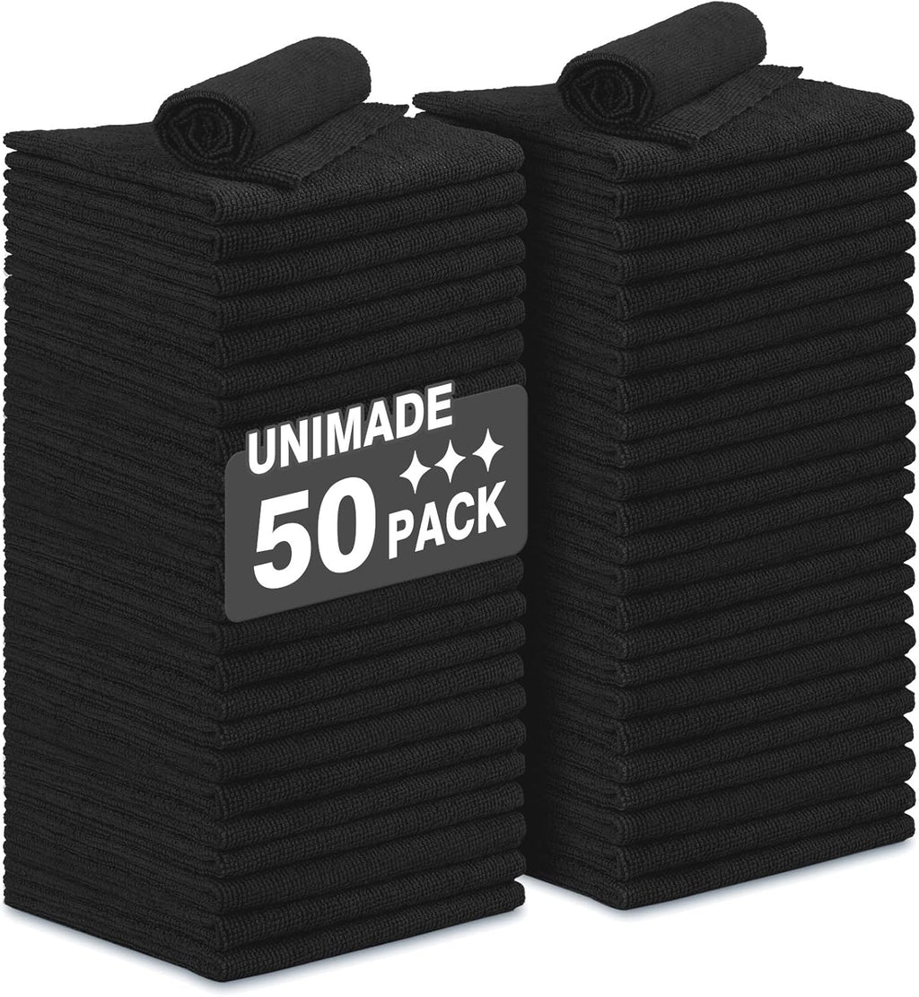Microfiber Cleaning Cloth, 50 Pack Microfiber Towels for Cars Reusable Shop Rags Bulk Lint Free Cleaning Towels for Car Kitchen Automotive Bar Mechanic Restaurant Garage, 11.5"x 11.5", Black