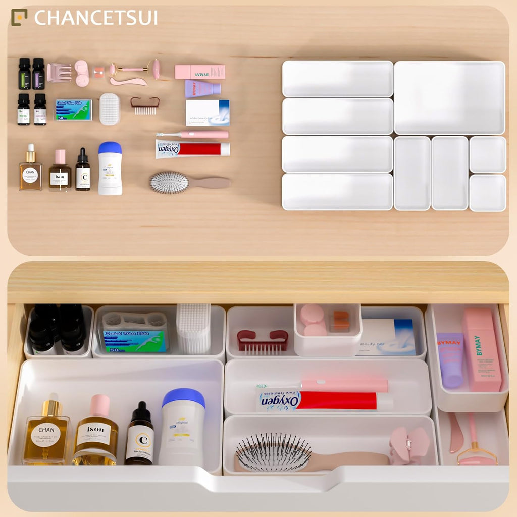 9 Pcs Stackable Drawer Organizer Trays Set, Multifunctional Stackable Storage Trays for Vanity, Bathroom, Kitchen, Desk Drawer Organizer Office. Plastic Drawer Organizers Available In 5 Colours, White