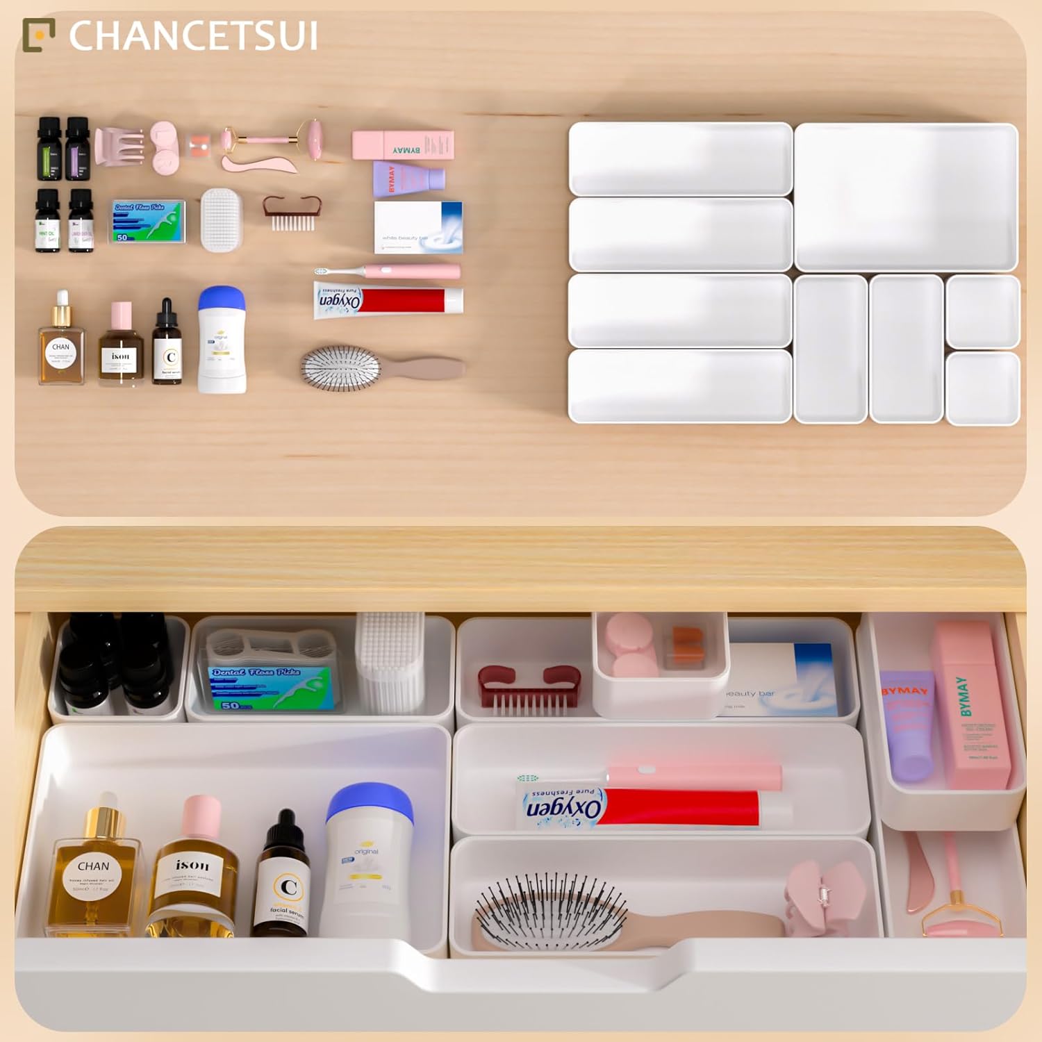9 Pcs Stackable Drawer Organizer Trays Set, Multifunctional Stackable Storage Trays for Vanity, Bathroom, Kitchen, Desk Drawer Organizer Office. Plastic Drawer Organizers Available In 5 Colours, White