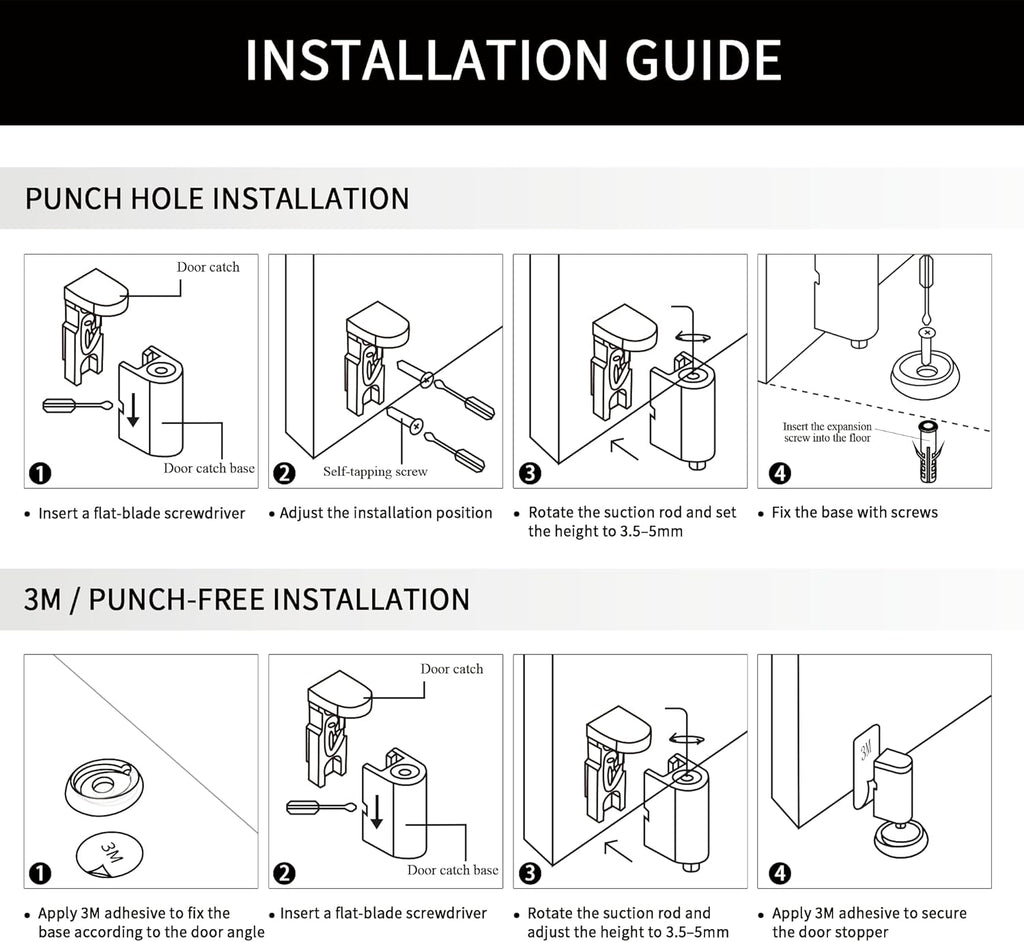 Windproof Magnetic Door Stoppers, 0-0.78" Stroke Mechanical Doorstop, No-Hole Flooring Door Suction with 3M Strong Adhesive and Screws, Black, 1 Pack