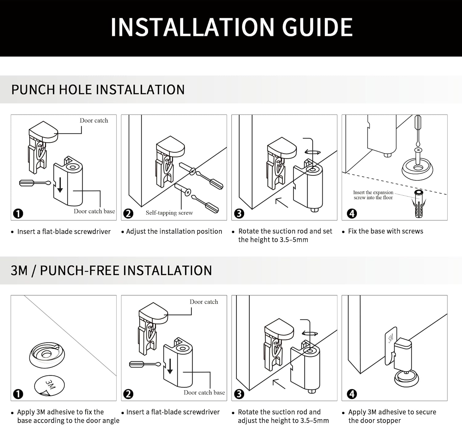 Windproof Magnetic Door Stoppers, 0-0.78" Stroke Mechanical Doorstop, No-Hole Flooring Door Suction with 3M Strong Adhesive and Screws, Black, 1 Pack