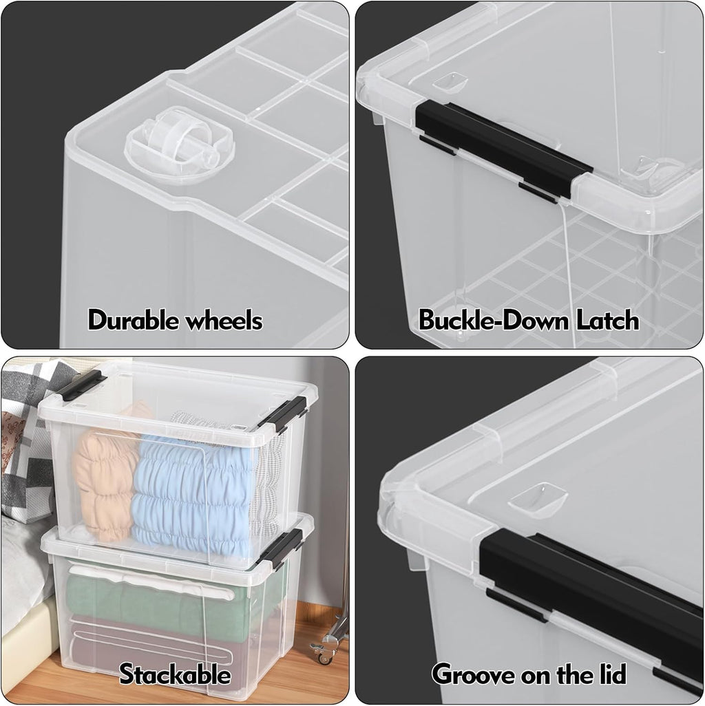 4 Pack Large Clear Plastic Storage Bins with Latching Lids, 50 Quart Plastic Storage Container with Wheels, Clear