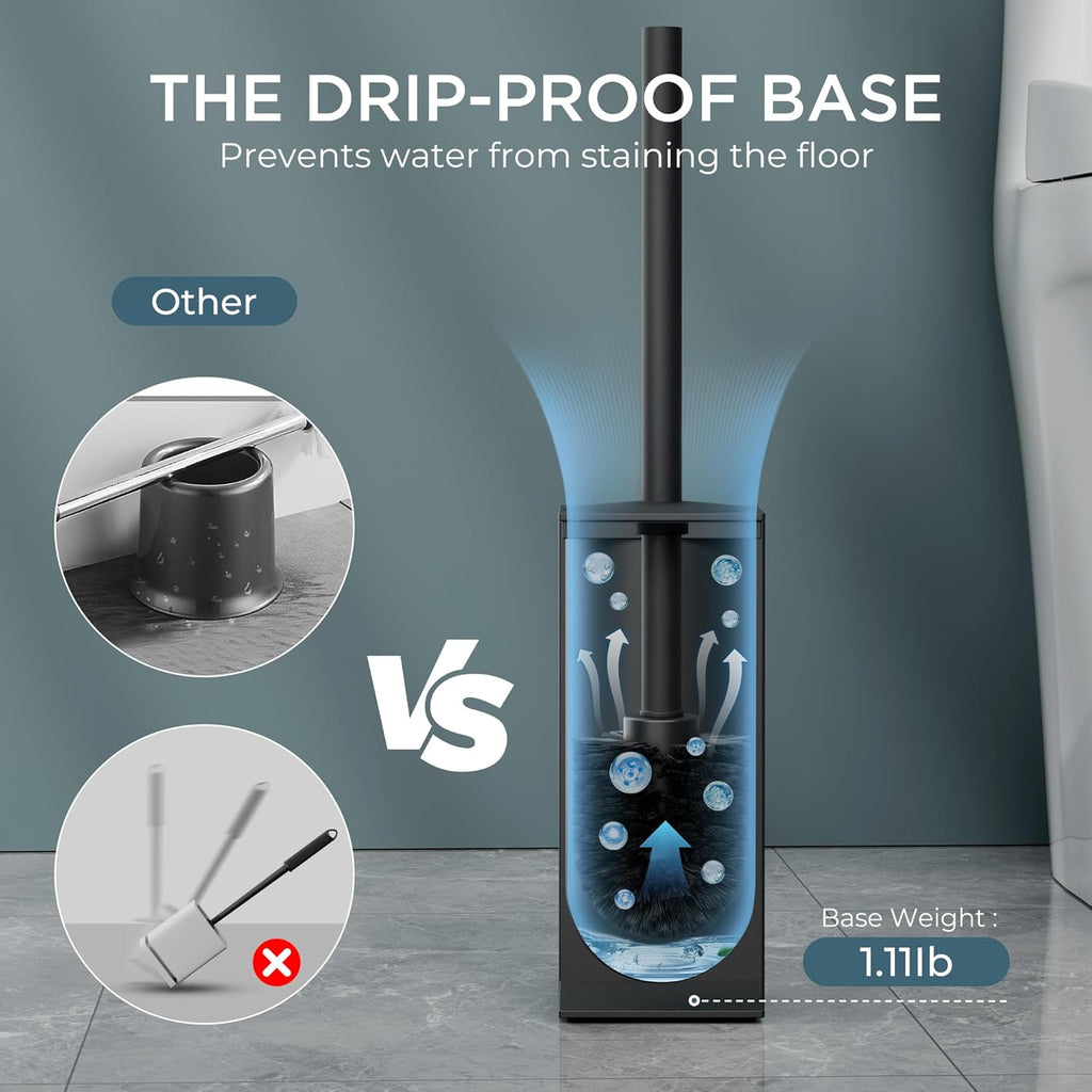 FORIOUS Toilet Brush and Holder Set, Heavy Duty 304 Stainless Steel Base Square and Long Handle for Bathroom Deep Cleaning, Drip-Proof, Space Saving for Storage, 2 Toilet Bowl Brush Head, Black