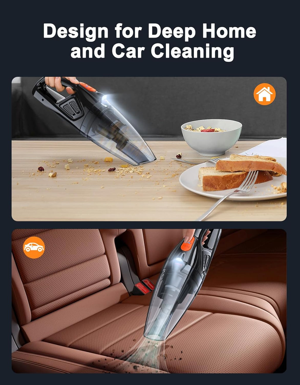 Handheld Vacuum Cordless Rechargeable 9KPA - [2H Fast Charging Dock] Portable Car Vacuum Cleaner High Power Suction with LED Light, 2 HEPA Filters, Dust Busters Wet Dry for Home/Car/Office/Pet