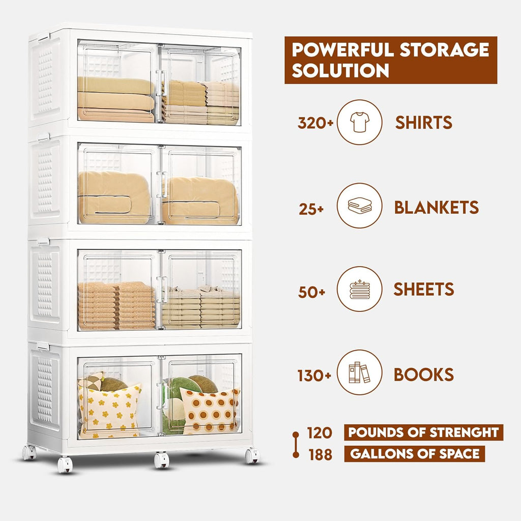 752QT/188Gal 4 Stackable Storage Bins with Lid and 8 doors, Motion Sensor Lights in Cabinets, Large Collapsible Container Box with 6 Wheels, Plastic Foldable Organizer for Home - Pure White