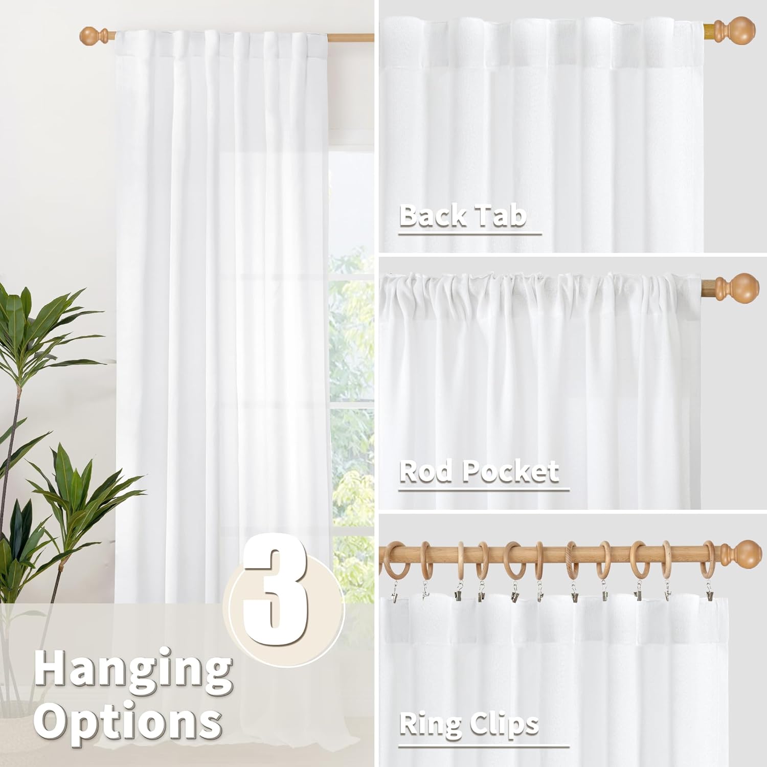 YoungsTex Short White Linen Curtains 45 Inch Length 2 Panels for Window, Semi Sheer Drapes Light Filtering with Rod Pocket Back Tab Lightweight for Cafe Kitchen Bathroom, 42 X 45 Inch