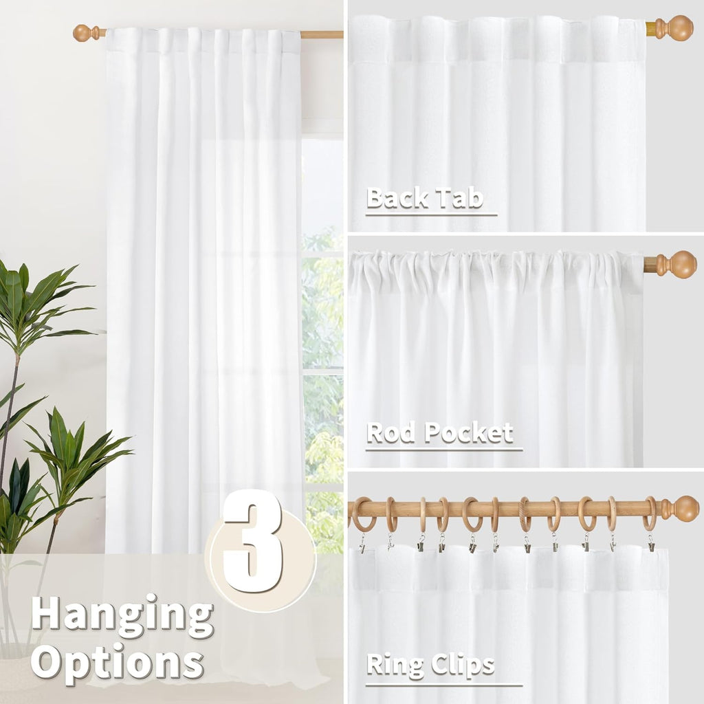 YoungsTex White Linen Semi Sheer Curtains 72 Inch Length 2 Panels for Living Room, Light Filtering Drapes Lightweight Window Treatments with Rod Pocket Back Tab for Bedroom, 42 X 72 Inch
