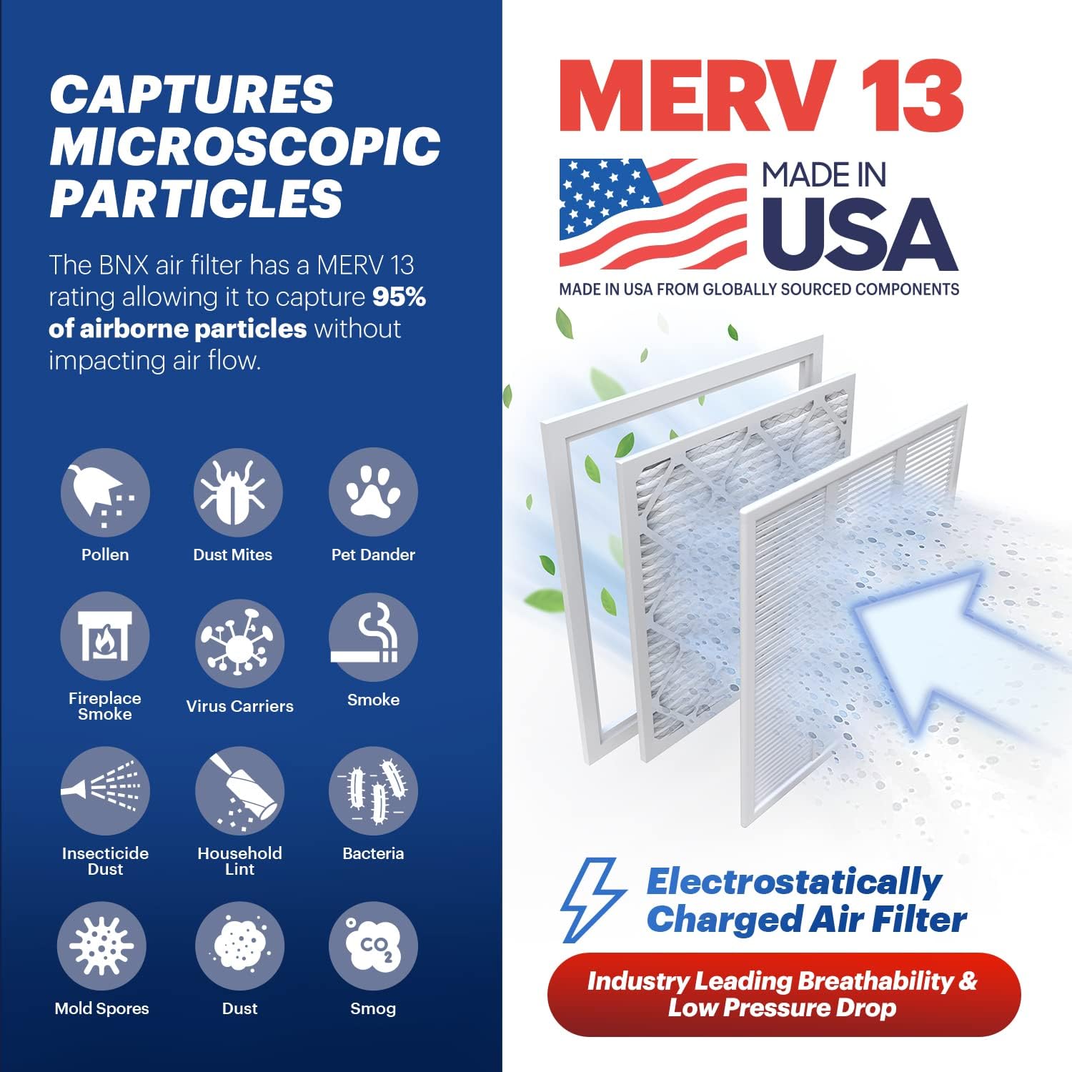 BNX TruFilter 16x25x1 Air Filter MERV 13 (6-Pack) - MADE IN USA - Electrostatic Pleated Air Conditioner HVAC AC Furnace Filters for Allergies, Pollen, Mold, Bacteria, Smoke, Allergen, MPR 1900 FPR 10