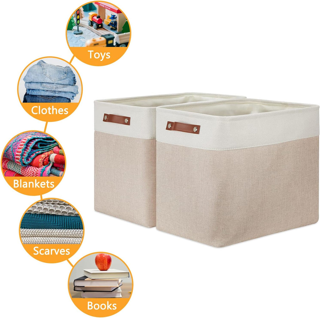 DULLEMELO Extra Large Storage Baskets, Fabric Storage Bins for Organizing Shelves Nursery Toys Books, Closet Baskets and Bins with Handles, White&Khaki, 2-Pack