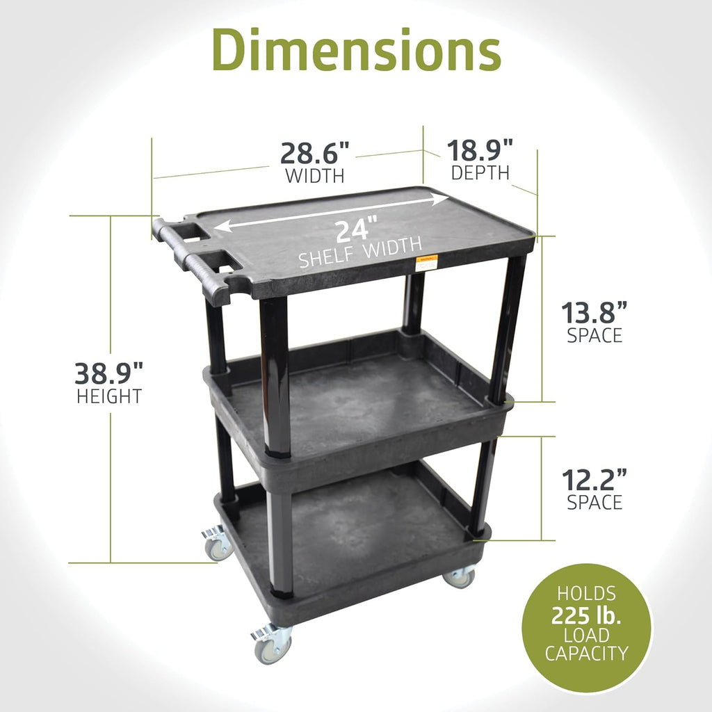 Pearington 3-Shelf Multipurpose Mobile Utility Cart with 2 Bins and Lockable Wheels, Heavy-Duty Plastic Rolling Presentation Cart for Offices and Warehouses, Black
