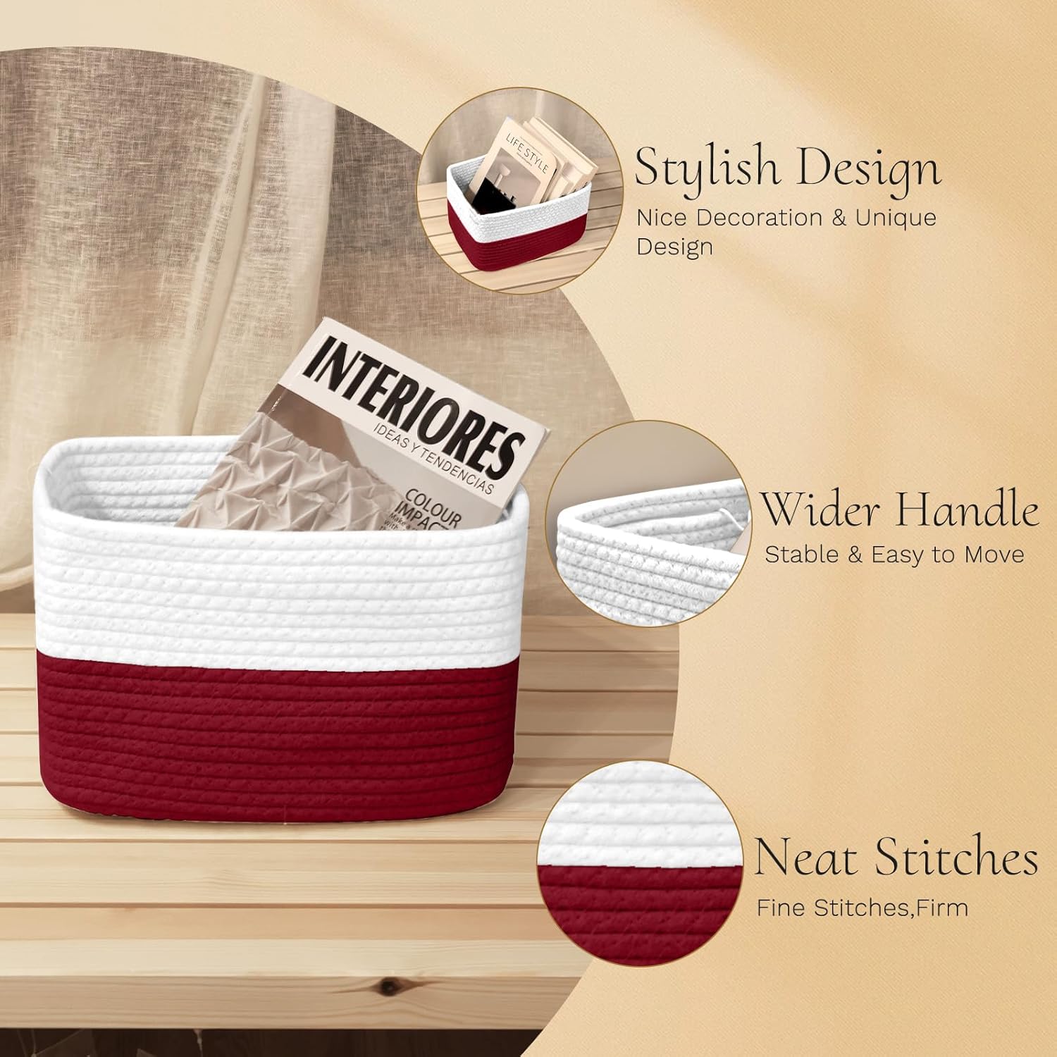 Hopegiver Woven Storage Baskets 11x8x7 Inch, 3 Pack Collapsible Cube Storage Bin for Shelves - Foldable Cotton Rope Organizer Bins for Towels, Toys, Books, Closet, Nursery (White Red)