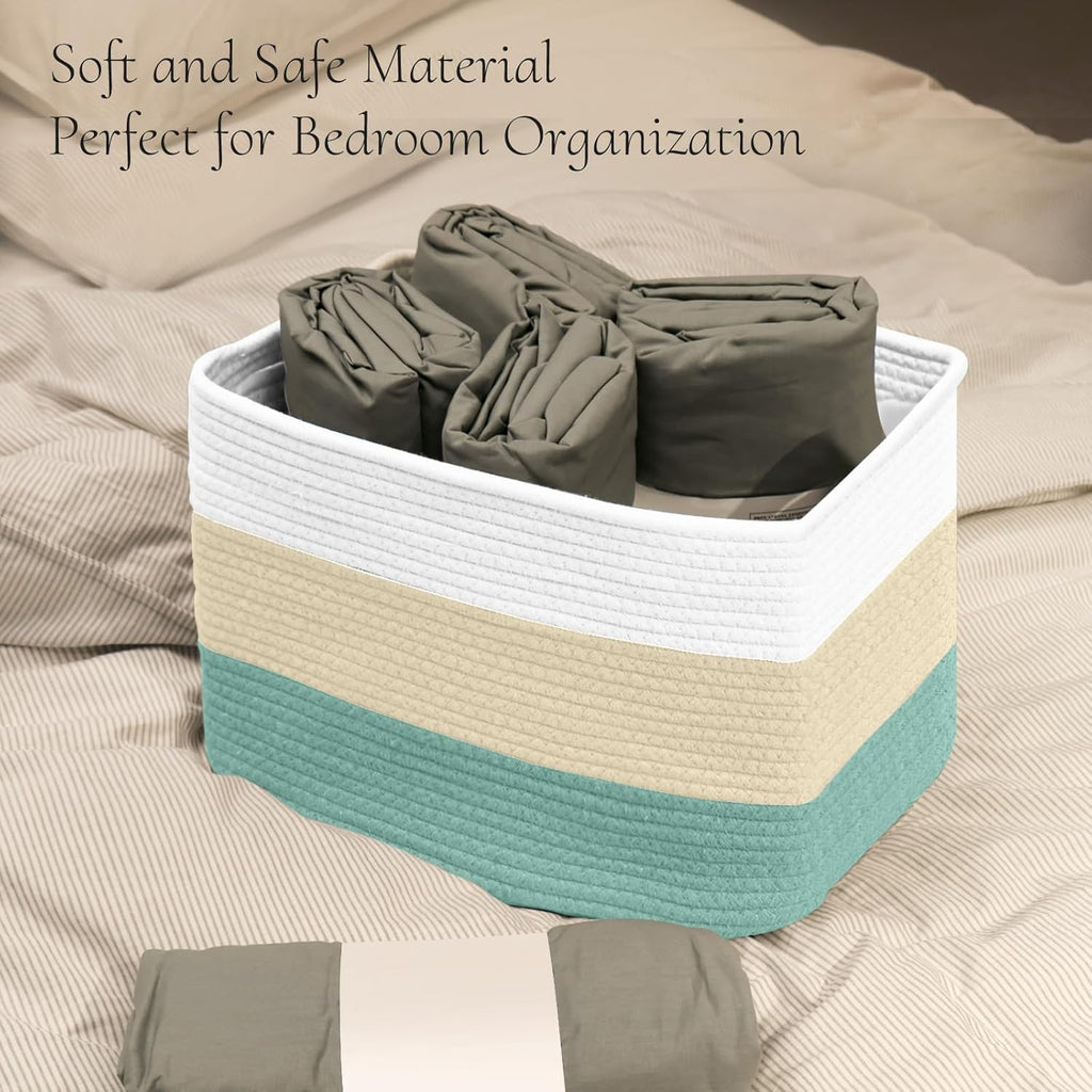 Hopegiver Woven Storage Baskets 15x11x10 Inch, 3 Pack Collapsible Cube Storage Bin for Shelves - Foldable Cotton Rope Organizer Bins for Towels, Toys, Books, Closet, Nursery (White Cream Green)