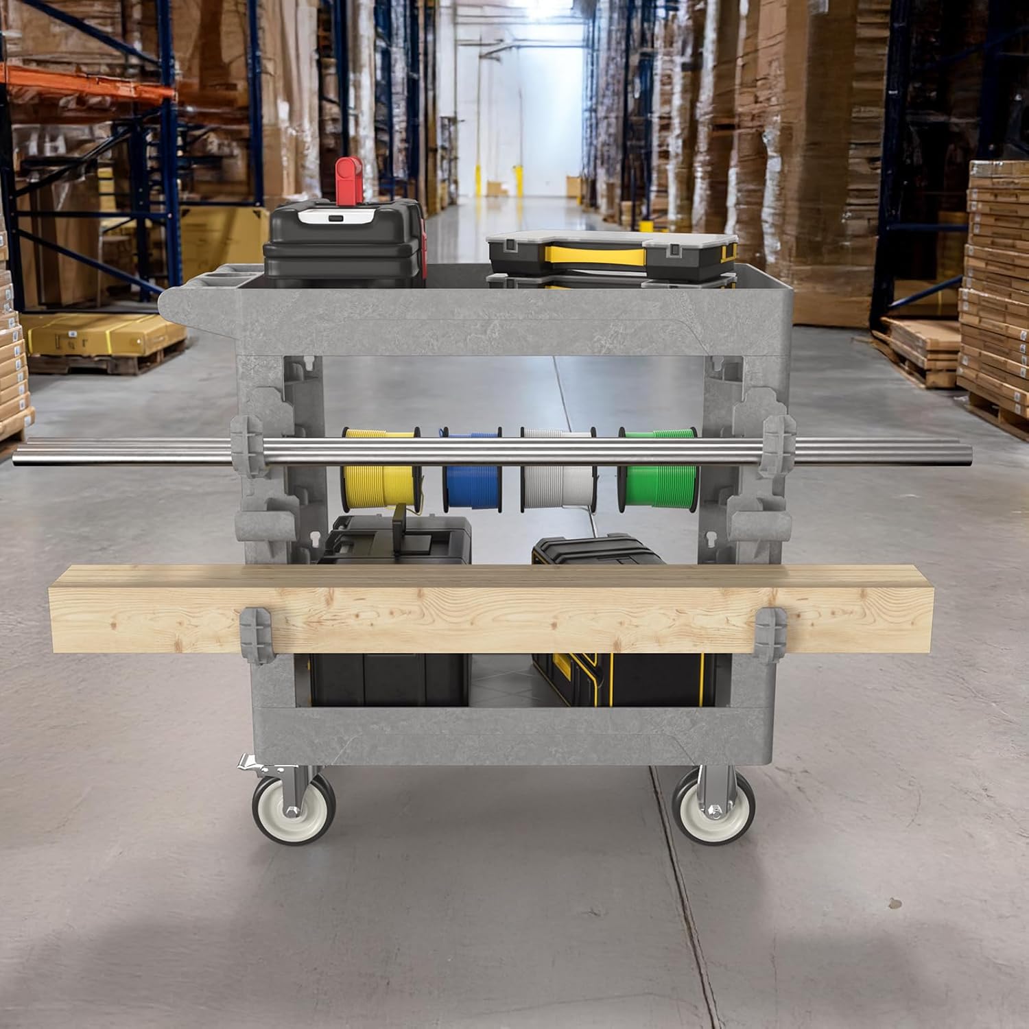 Heavy Duty Rolling Utility Cart with Wheels 2 Tier Utility Plastic Service Work Cart for Shop, Garage, Warehouse, Maintenance 550 lbs