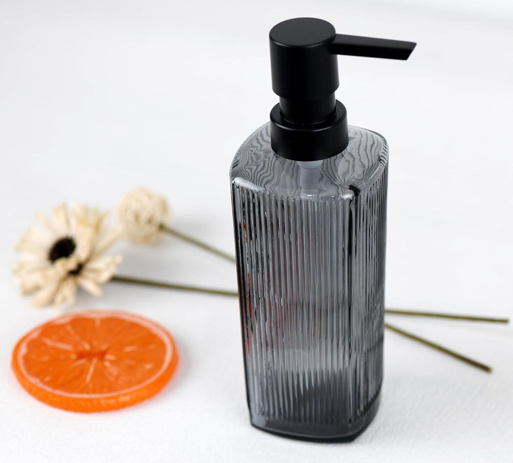 12 oz Glass Soap Dispenser with Vertical Stripe with Black Plastic Rustproof Pump, Small Refillable Soap Dispenser for Kitchen and Bathroom (Grey)