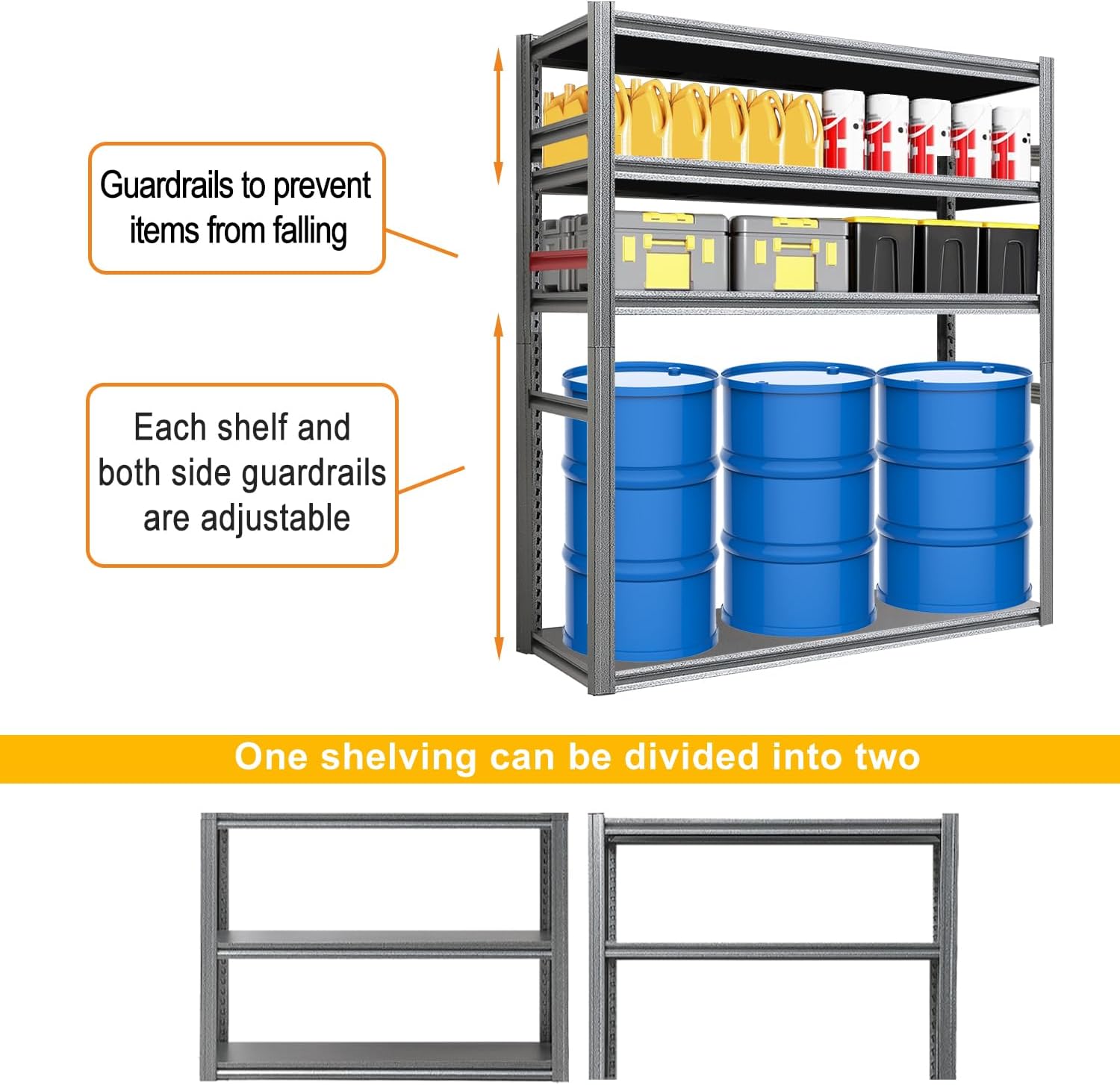 Storage Shelf 5-Tier Garage Shelving, Industrial Shelving with Guardrails, 2500LB Boltless Metal Shelves Heavy Duty for Storage Room, 18" D x 47.2" W x 72" H, Iron Black 2 Pack