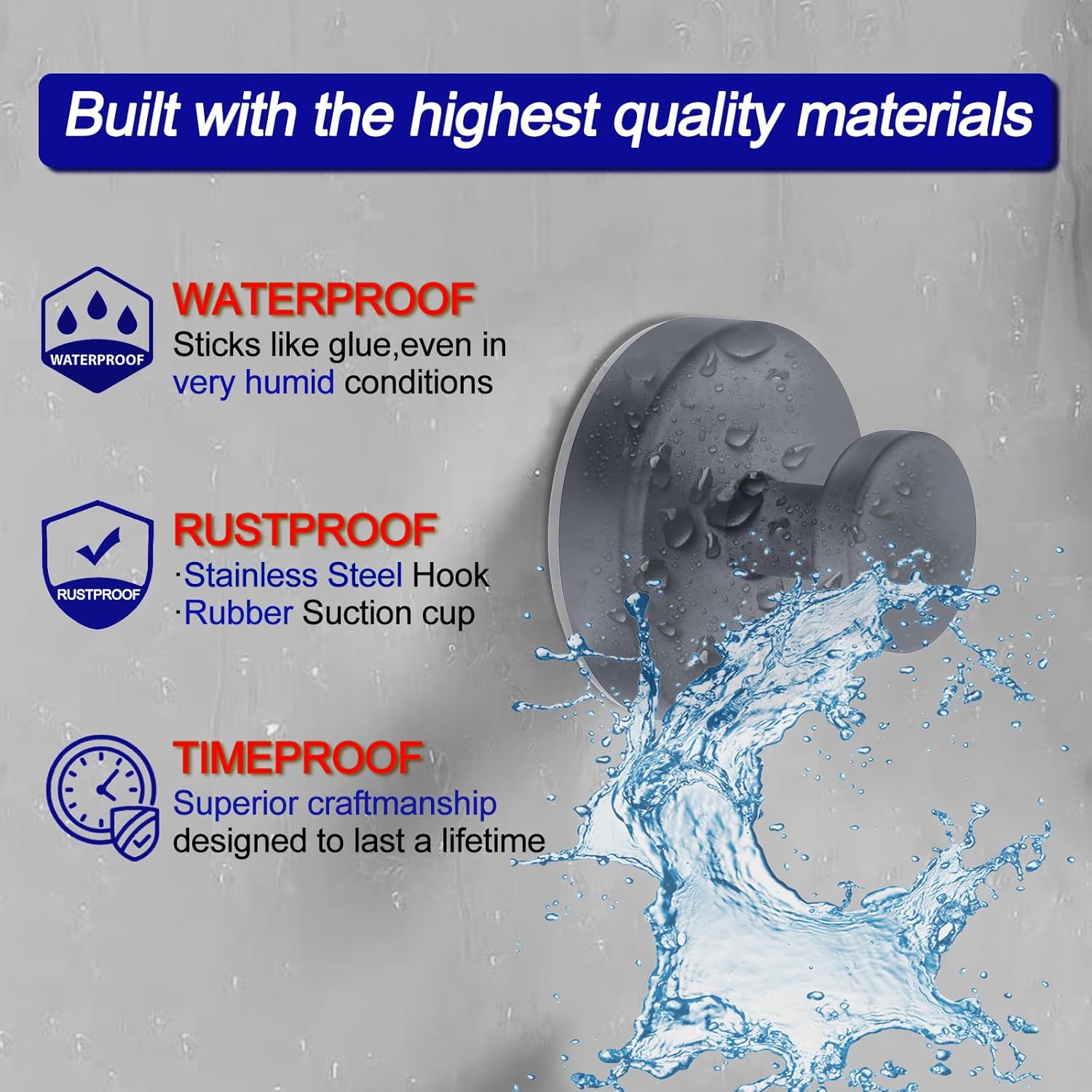 Suction Cup Hooks for Shower, Removable Towel Hooks for Bathroom Window Glass Door Wall, Bath Robe Looafh Hook for Hanging - 2 Pack, Grey