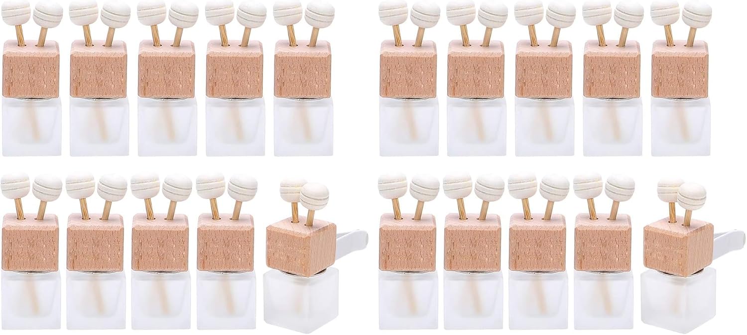 20 Pack,8ml Matte Glass Car Air Freshener Perfume Clip Diffuser,Empty Essential Oil Perfume Vials Diffuser Vent Outlet,Thick Glass Ornament with Wooden Caps,Free Funnel,Dropper