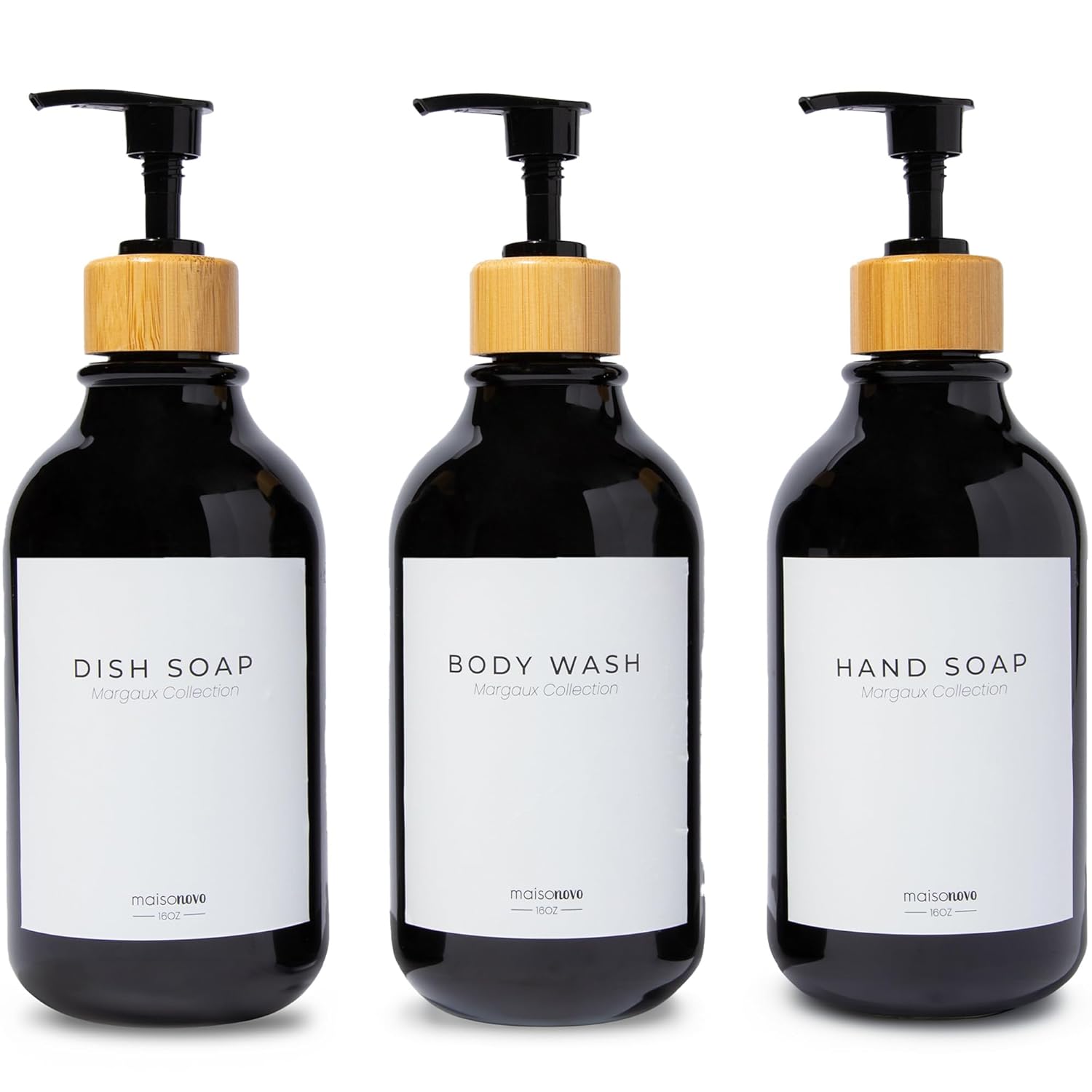 MaisoNovo Refillable Shampoo and Conditioner Bottles | 16.9 fl oz Set of 3 Black Plastic Bottles Black Bamboo Pumps