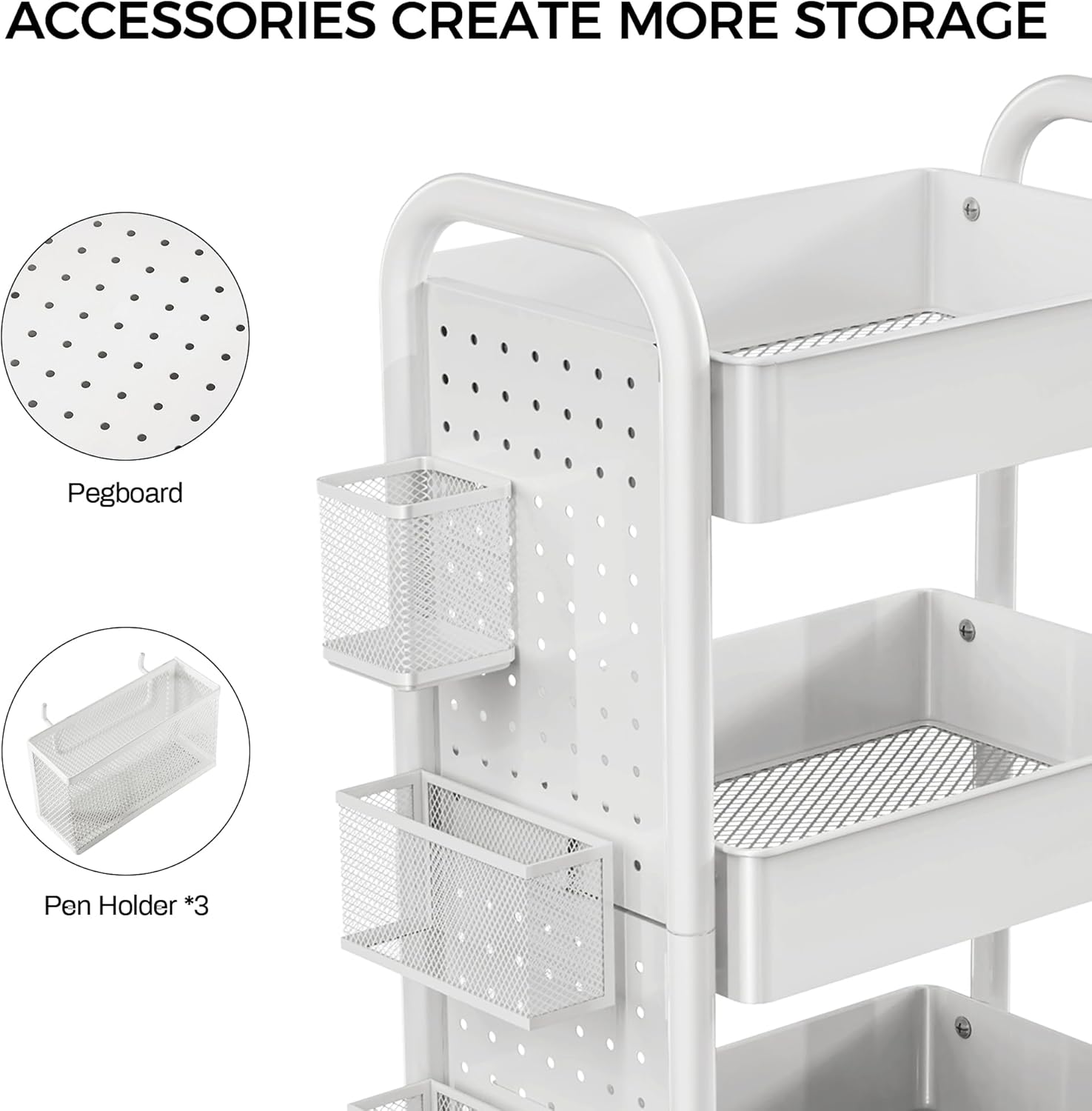 DESIGNA 3-Tier Rolling Cart, Utility Cart with Handle, Extra 3 Storage Accessories, Removable Pegboard, Easy Assembly Craft Carts for Kitchen, Bathroom, Office, Metal, White