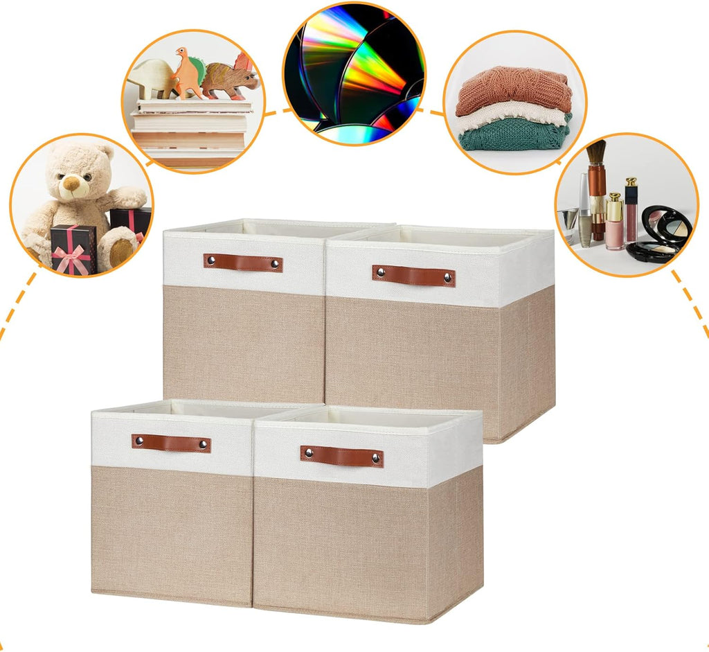 DULLEMELO Cube Storage Bins,13 x 13 x 13 inch Fabric Storage Cubes for Organizing,Collapsible foldable Linen Canvas Closet Storage Bins for Shelves Closet Bedroom Toys Home Office(White&Khaki-4 Pack)