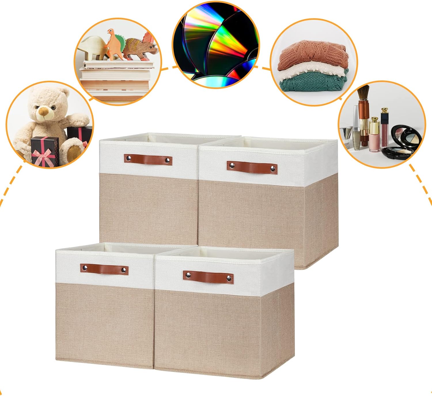 DULLEMELO Cube Storage Bins,13 x 13 x 13 inch Fabric Storage Cubes for Organizing,Collapsible foldable Linen Canvas Closet Storage Bins for Shelves Closet Bedroom Toys Home Office(White&Khaki-4 Pack)
