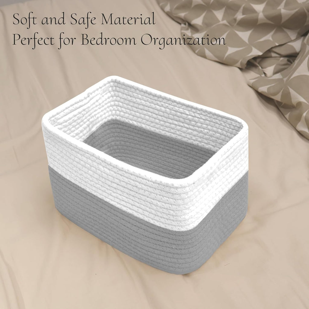 Hopegiver Woven Storage Baskets 11x8x7 Inch, 3 Pack Collapsible Cube Storage Bin for Shelves - Foldable Cotton Rope Organizer Bins for Towels, Toys, Books, Closet, Nursery (White Gray)