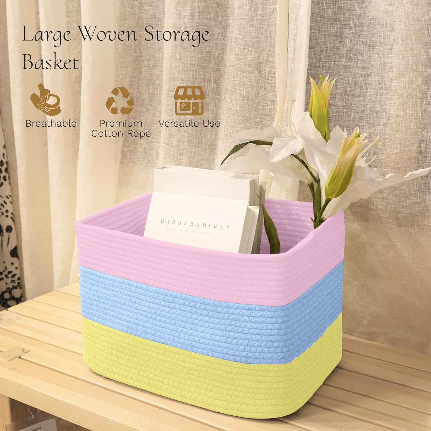 Hopegiver Woven Storage Baskets 15x11x10 Inch, 3 Pack Collapsible Cube Storage Bin for Shelves - Foldable Cotton Rope Organizer Bins for Towels, Toys, Books, Closet, Nursery (Pink Blue Yellow)