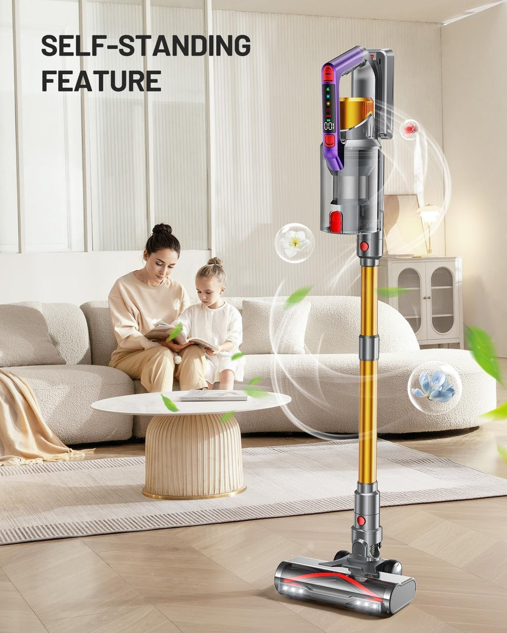 Cordless Vacuum Cleaner, 580W 48KPA 70Mins Vacuum Cleaners for Home, Self-Standing Stick Vacuum with Aromatherapy & LED Display Screen, Stick Vacuum Cordless Rechargeable for Pet Hair/Carpets (Gold)