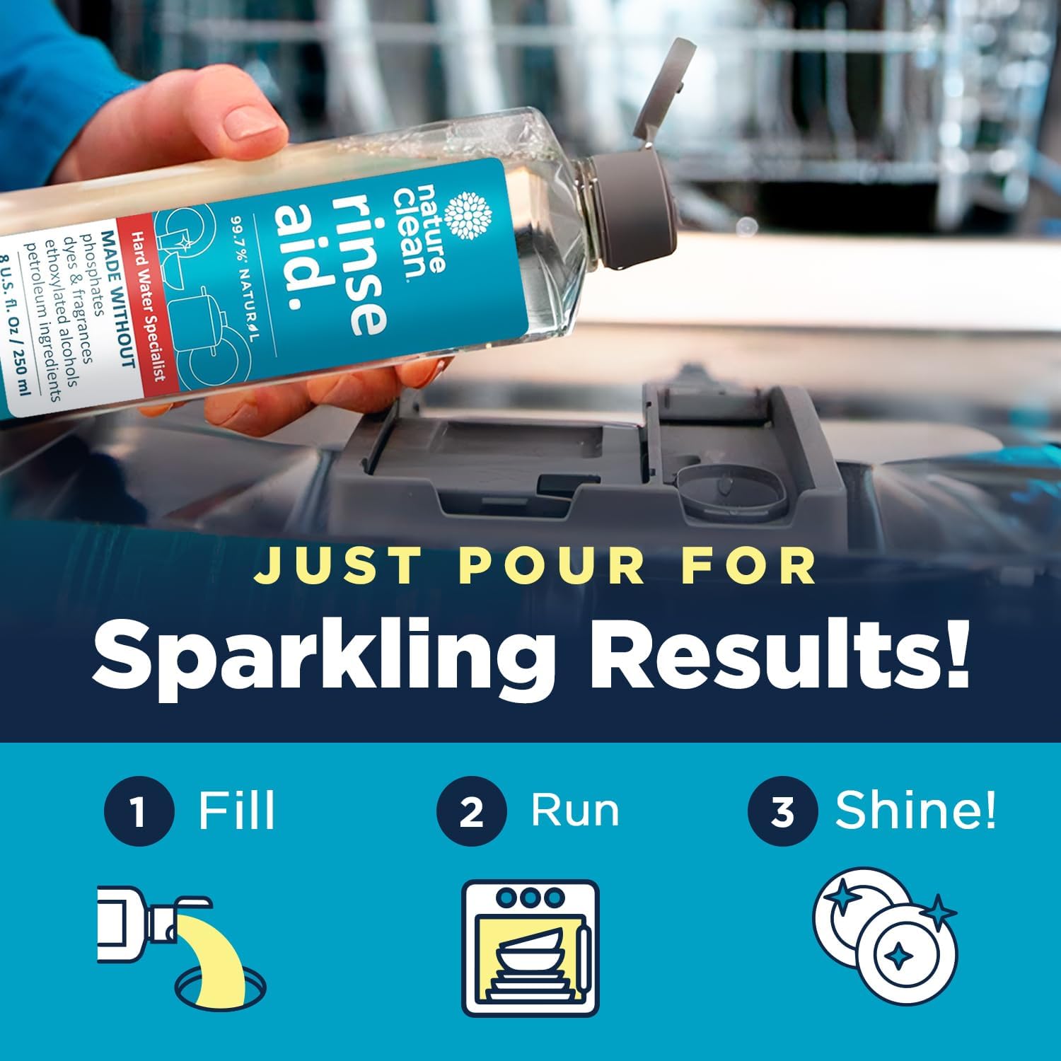 Nature Clean All Natural Dishwasher Rinse Aid Cleaner, Liquid Dishwasher Rinse Agent for Spot-Free Glass & Cutlery in Hard Water, Non Toxic Dish Washer Rinse Aid & Stain Remover, 8 oz/250ml, Pack of 6