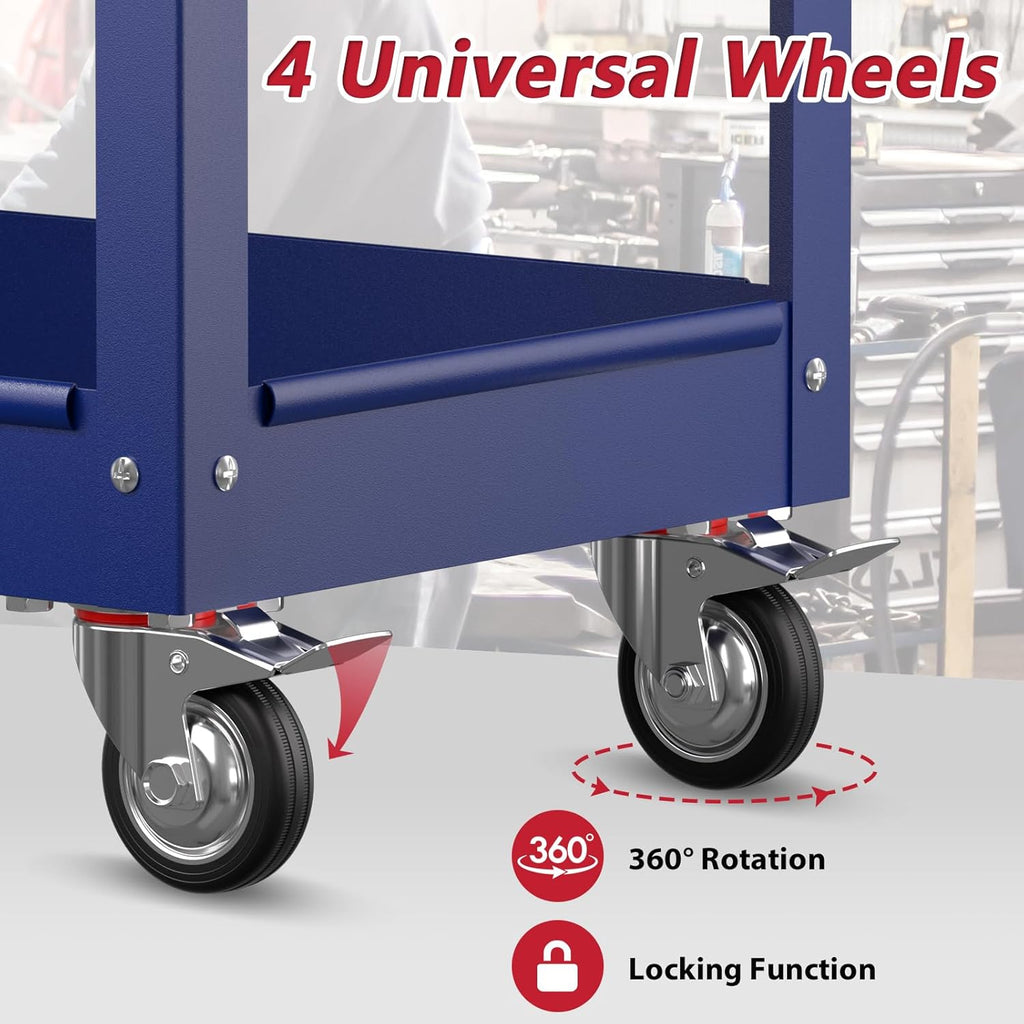 3 Tier Rolling Tool Cart on Wheels, Heavy Duty Service Cart Industrial Utility Cart with Drawer and Screwdriver Rack Pegboard, 550 LBS Mobile Tool Storage Organizer for Garage, Workshop (DARKBLUE)