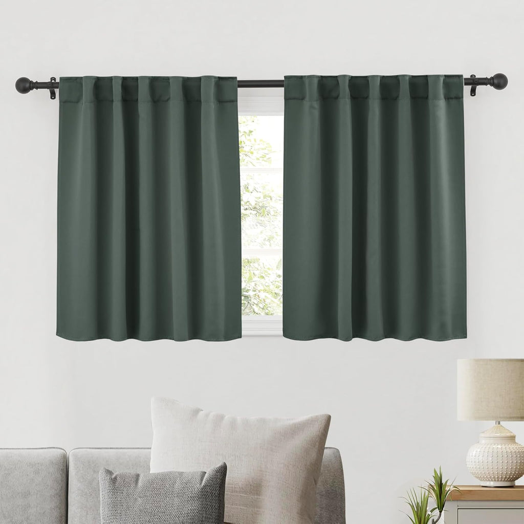 RYB HOME Bathroom Curtains Blackout - Thermal Insulating Privacy Small Window Curtains Short for Bedroom Basement Kitchen Kids Nursery Cabinet, Wide 42 x Long 30 inches, 2 Panels, Dark Green