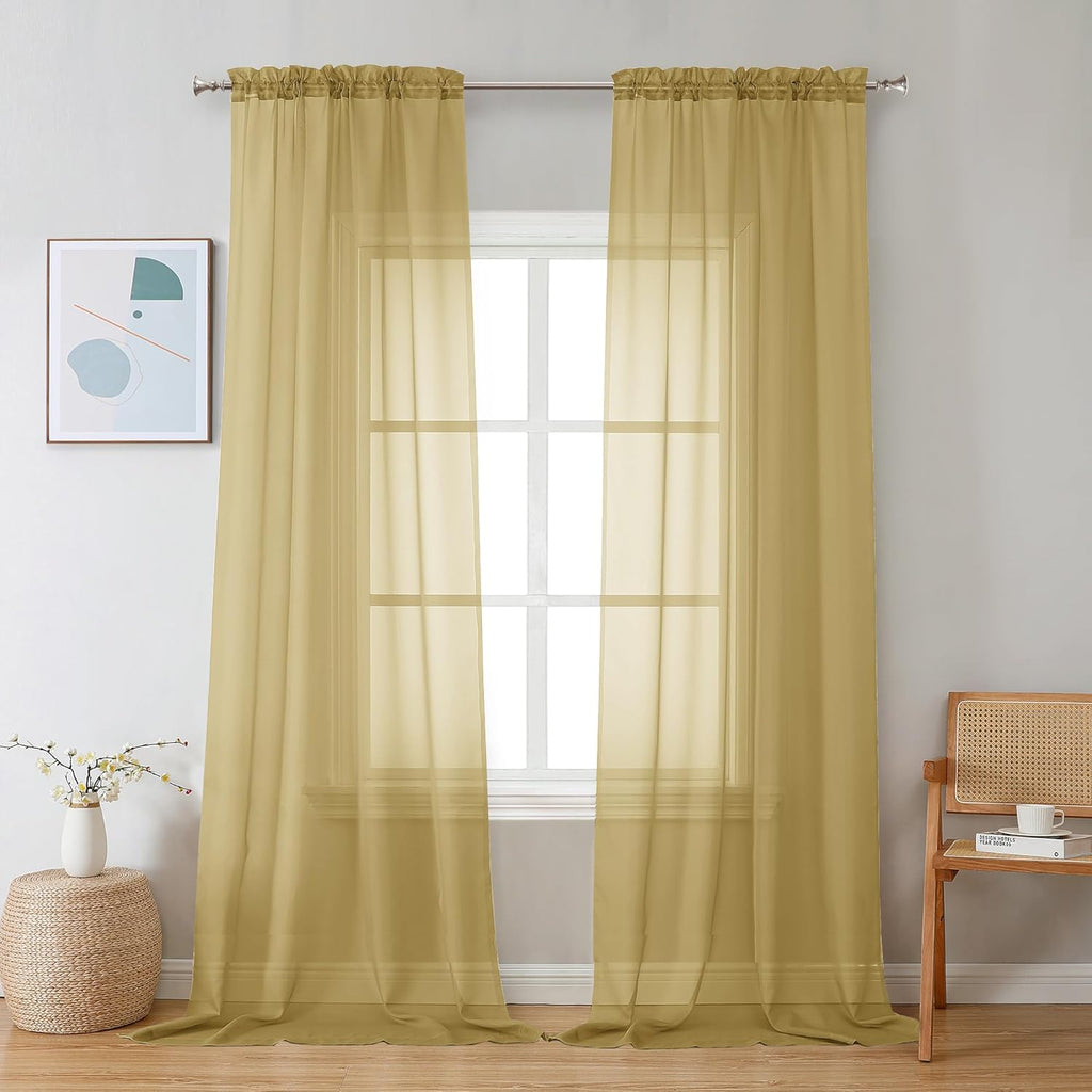 Chyhomenyc Gold Sheer Curtains 96 inches Long 2 Panels, Light Filtering Soft Airy Solid Elegant Voile Window Treatment Drapes for Bedroom Living Room Wedding Party Decor, 42 Wx96 L, 8FT L
