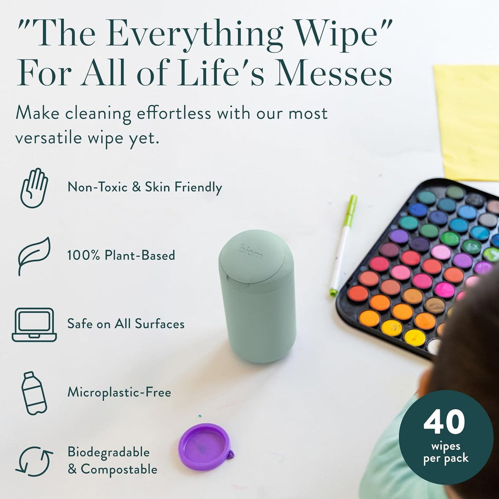 Biom Mini Dispenser + All-Purpose Wipes Starter Kit - Grapefruit Scented Cleaning Wipes | Fits in Car Cup Holder | Biodegradable Plant-Based Cleaner | Kid & Pet Friendly, Natural, Non-Toxic (Lilac)