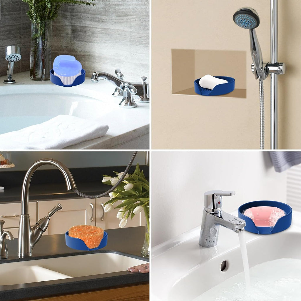 Self Draining Soap Dish, Silicone Suction Cup Soap Holder Tray Savers Container Sponge Holder for Bar Bathroom Shower Kitchen Sink, Can Extend Soap Life (2, Royal Blue)