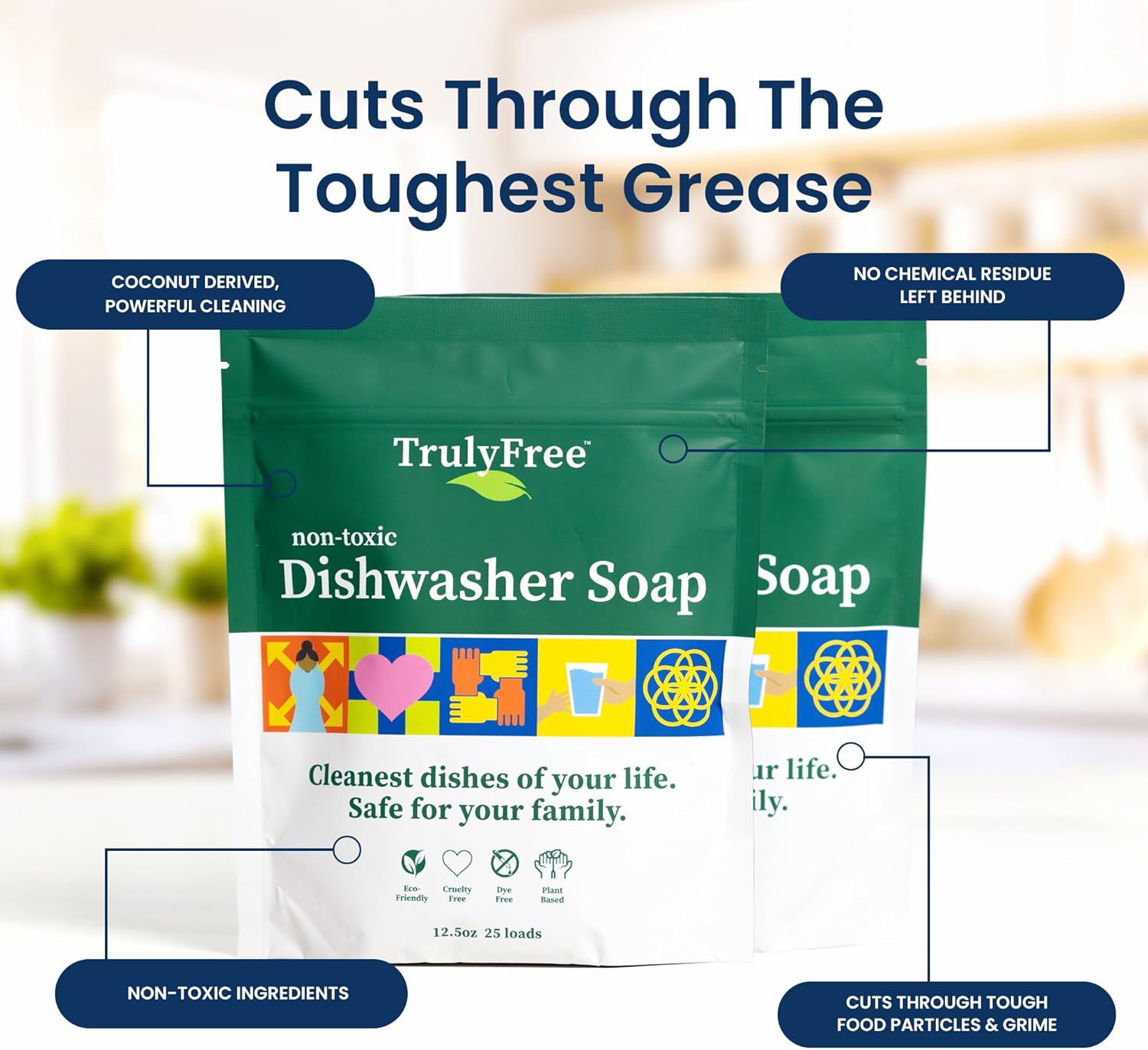 Truly Free Dishwasher Detergent Powder | Natural Dish Detergent, Dishwasher Soap | Plastic Free, Plant-Based, Clean, Heavy Duty Hard Water Stain & Grease Remover | Fragrance Free | 12.5 oz (Pack of 2)